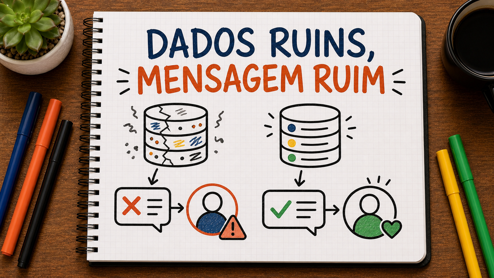Caderno ilustrado sobre personalização com dados ruins, mostrando origem, qualidade, permissão, contexto