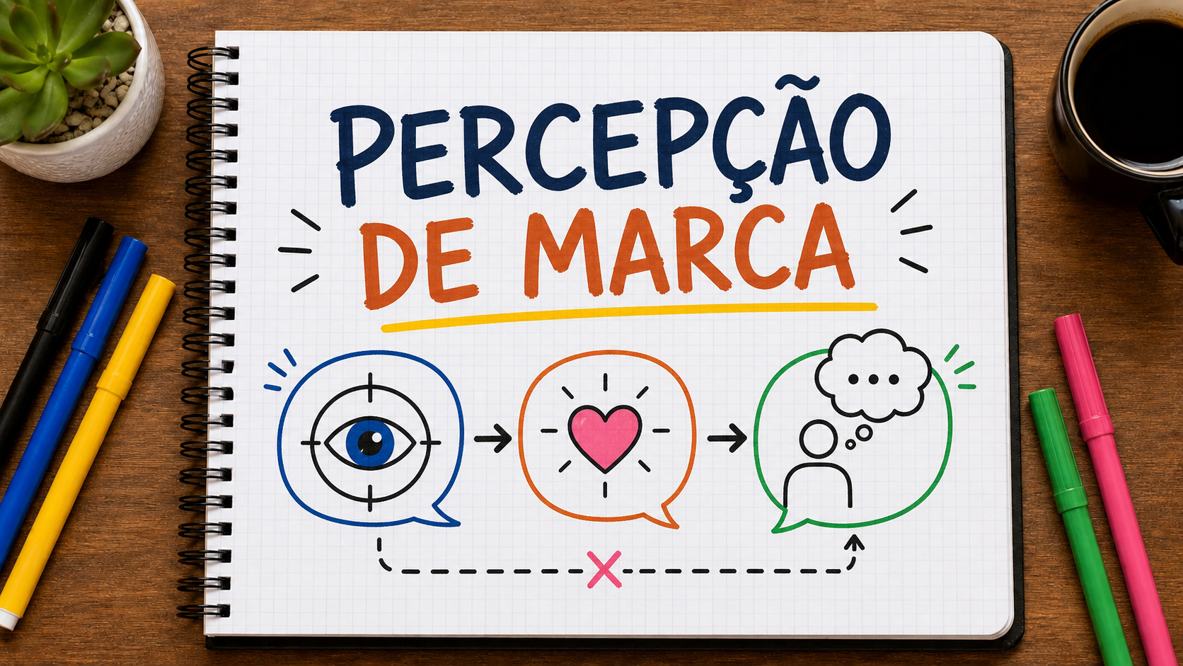 Caderno com mapa visual sobre pesquisa de percepção de marca aplicado à estratégia de marketing