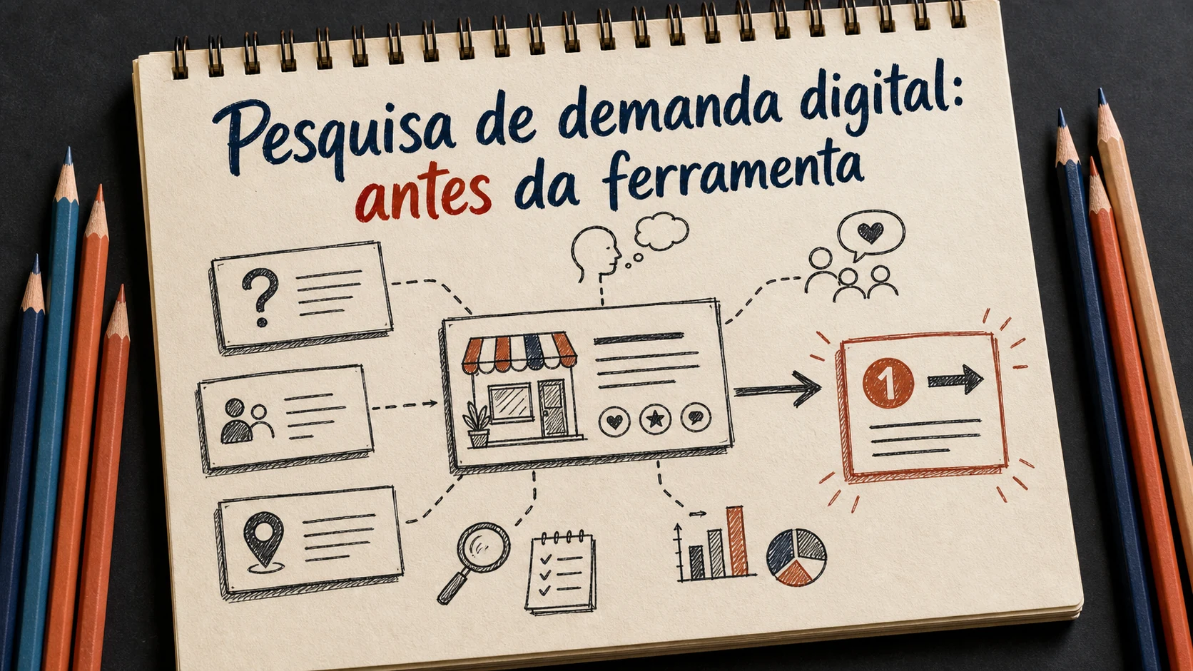 Pesquisa de demanda digital em uma cena editorial sobre diagnóstico, escolha e próximos passos.