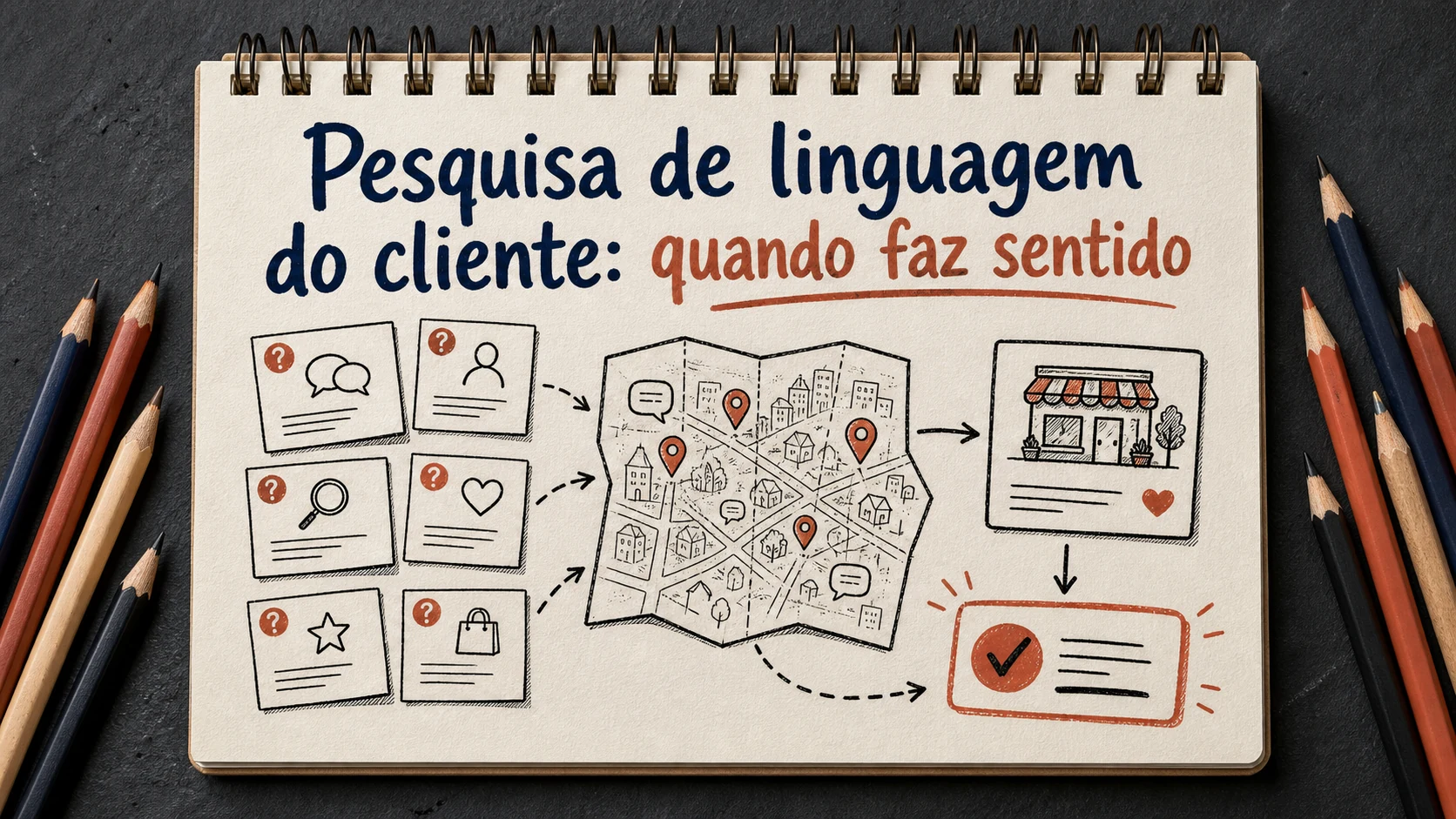 Pesquisa de linguagem do cliente em uma cena editorial sobre diagnóstico, escolha e próximos passos.