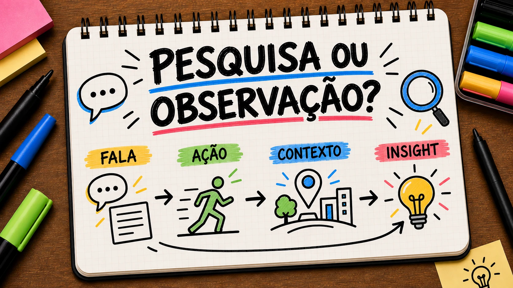 Pesquisa e observação comparando fala, ação, contexto e insight do cliente