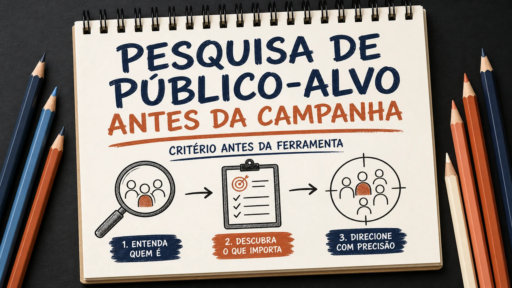 Pesquisa de público-alvo organizado em uma capa editorial com critérios, canais e próximos passos.