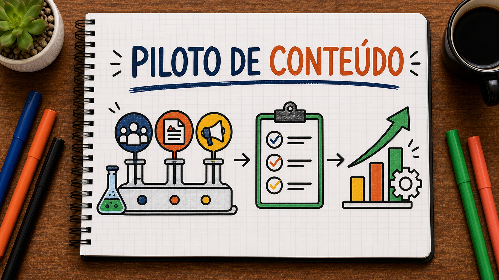 Caderno ilustrado sobre projeto-piloto de conteúdo, mostrando hipótese, limite, teste, decisão