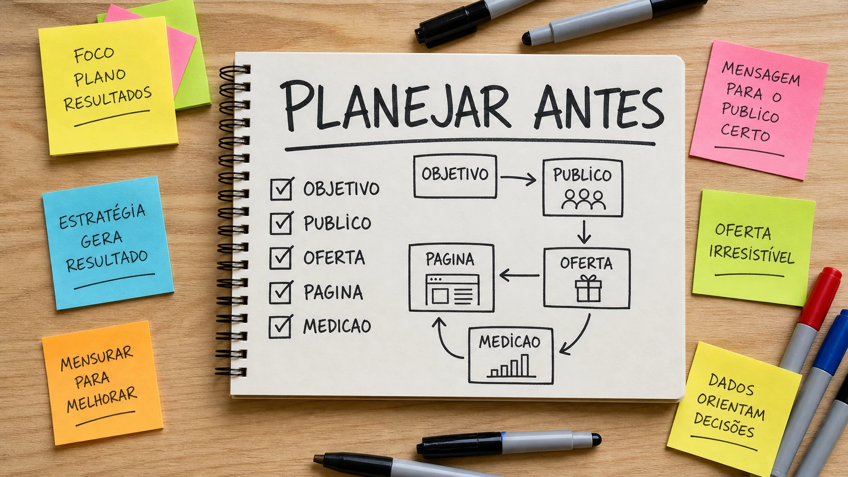 Caderno com roteiro de planejamento para anuncios online