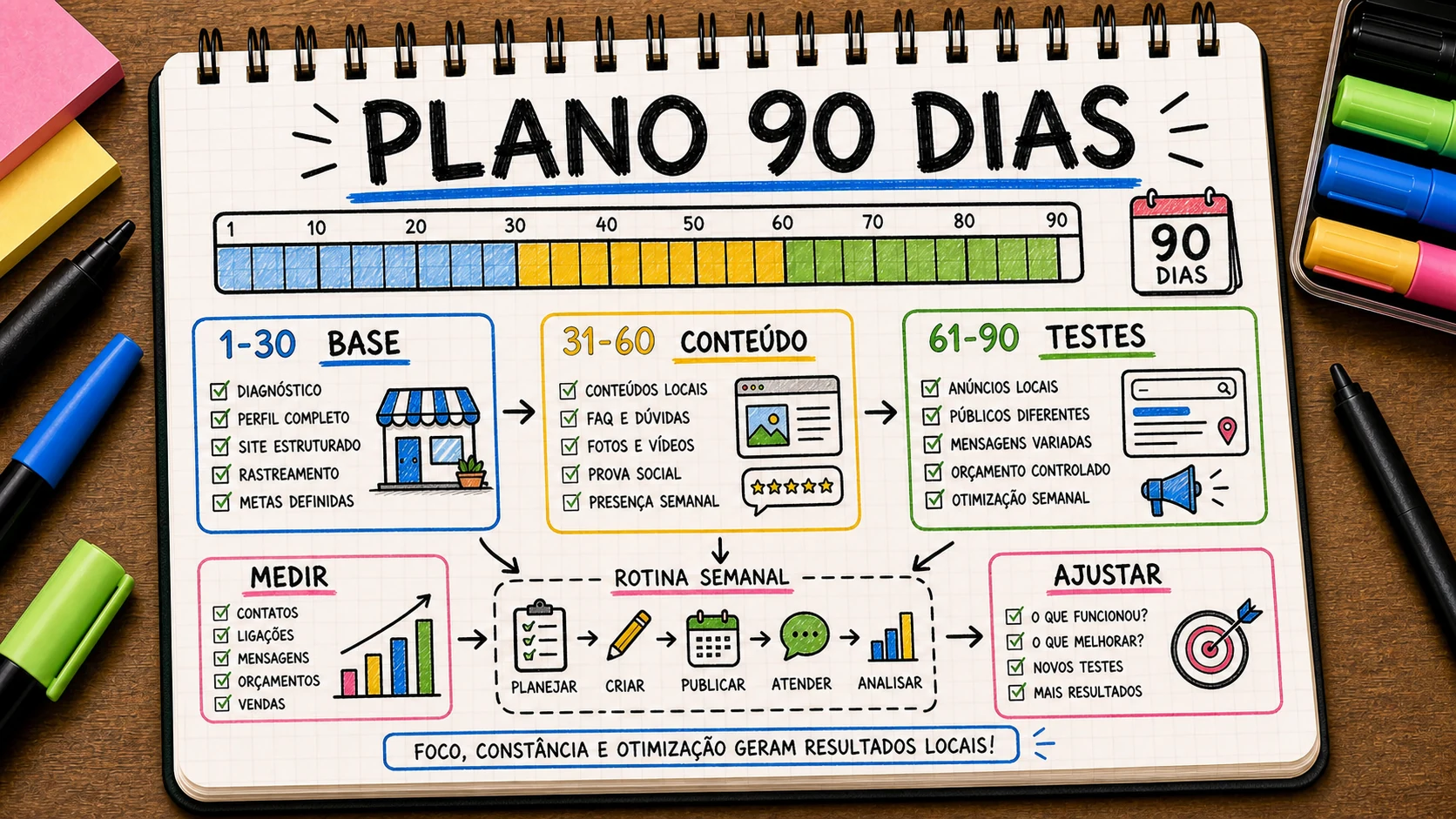 Caderno com plano de 90 dias para marketing digital de negócio local