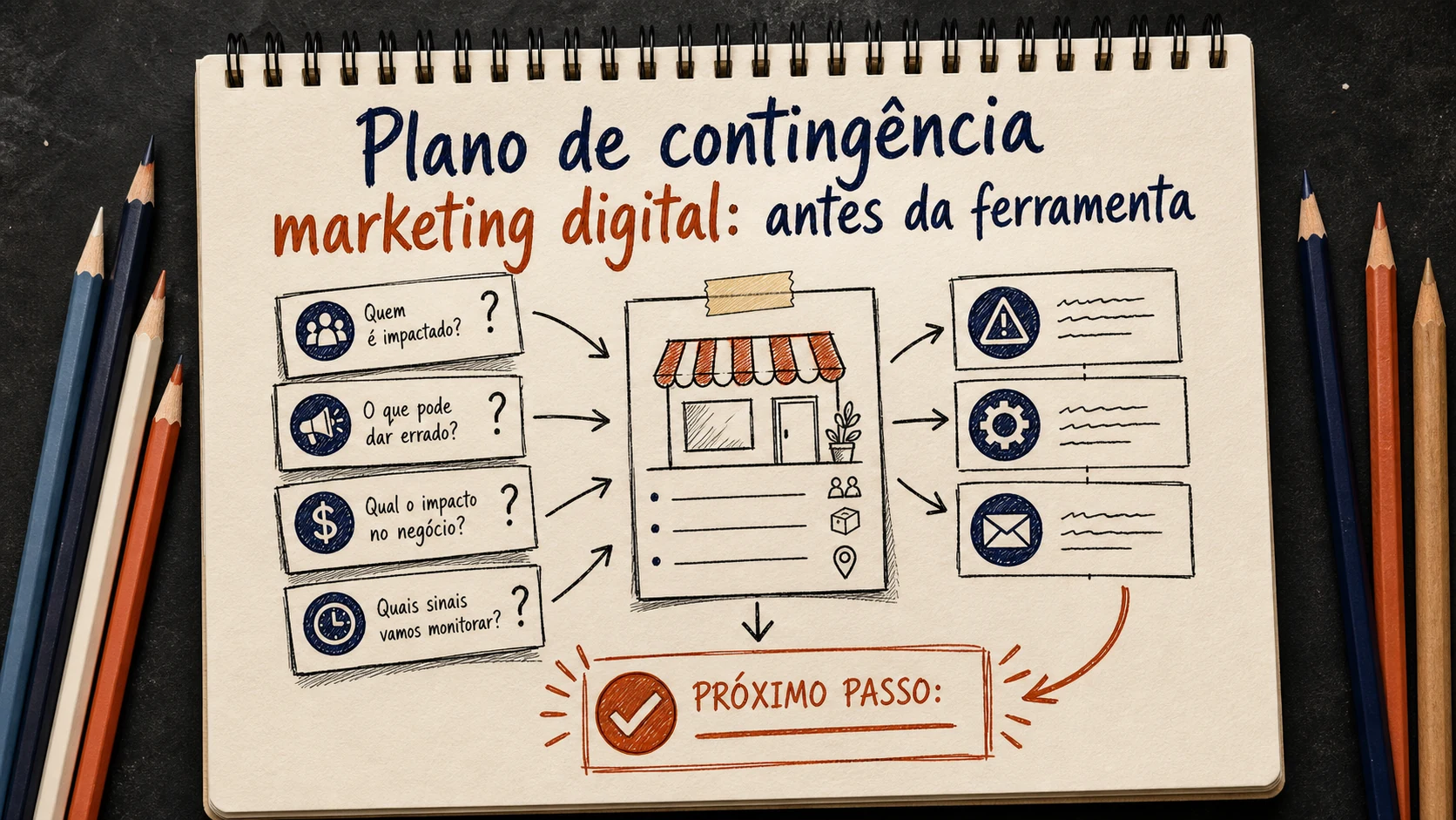 Plano de contingência marketing digital em uma cena editorial sobre diagnóstico, escolha e próximos passos.