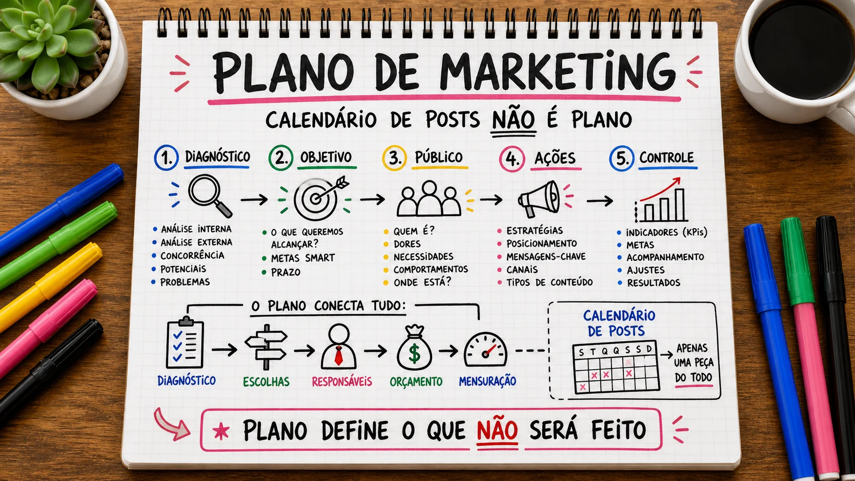 Plano de marketing representado em uma cena editorial sobre escolha, contexto e decisão.