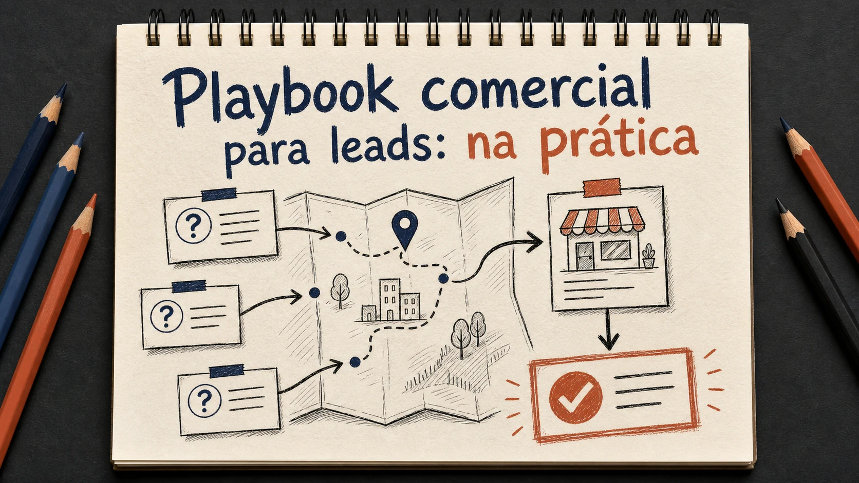 Playbook comercial para leads em uma cena editorial sobre diagnóstico, escolha e próximos passos.