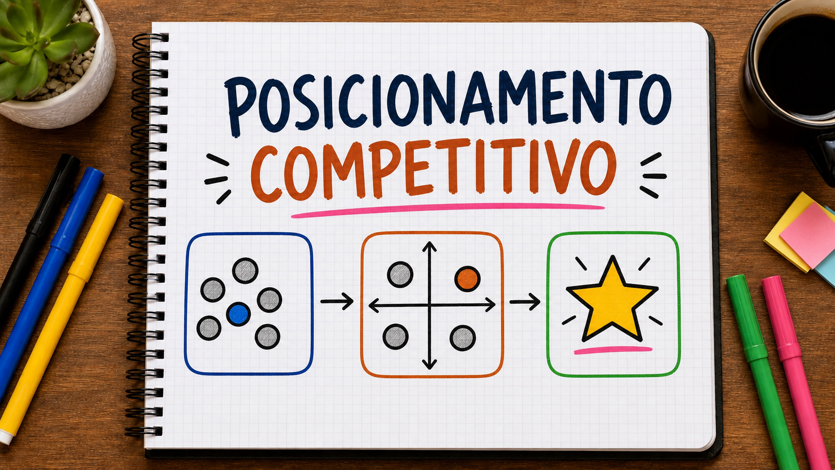 Caderno com mapa visual sobre posicionamento competitivo aplicado à estratégia de marketing