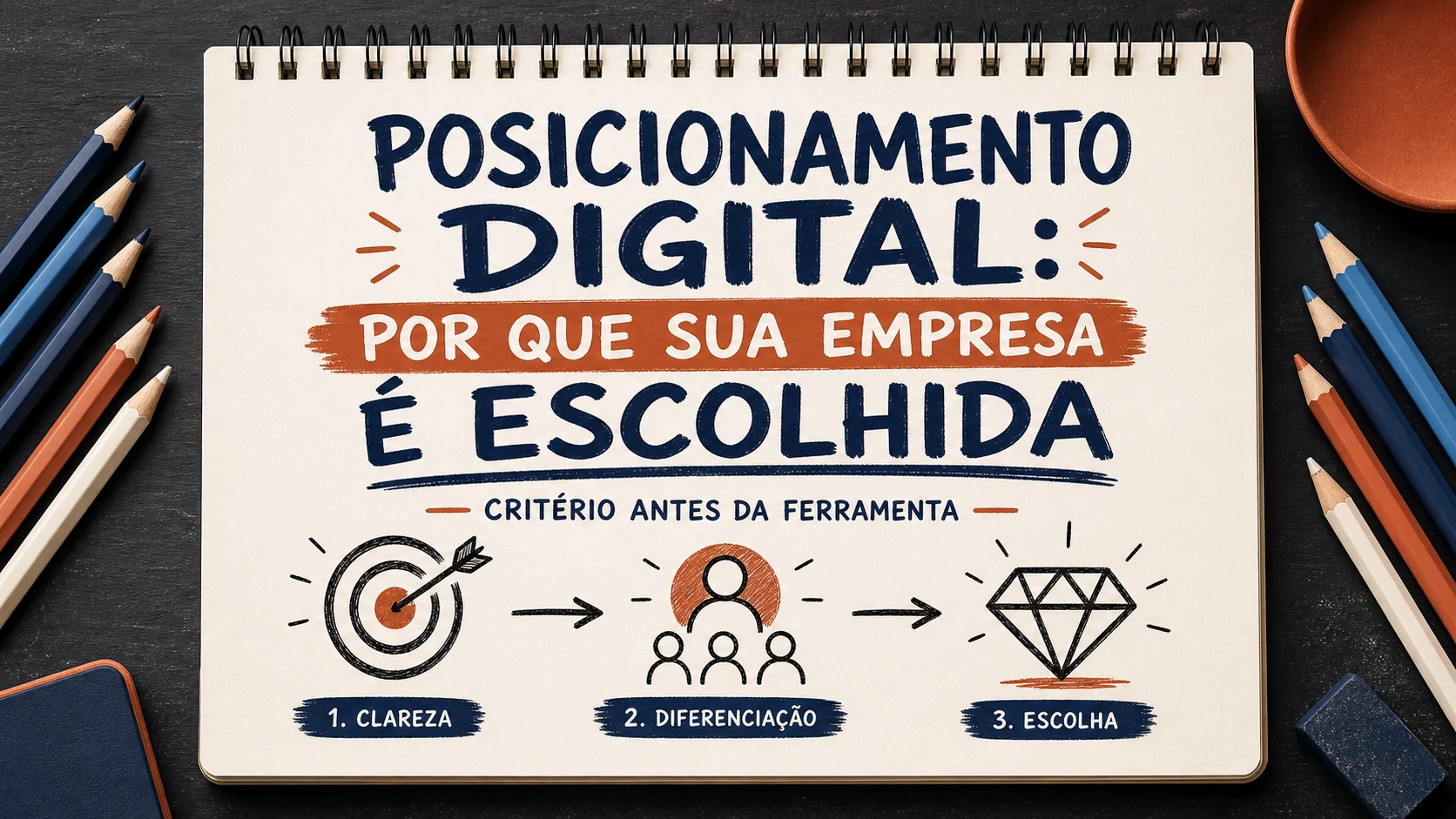 Posicionamento digital organizado em uma capa editorial com critérios, canais e próximos passos.