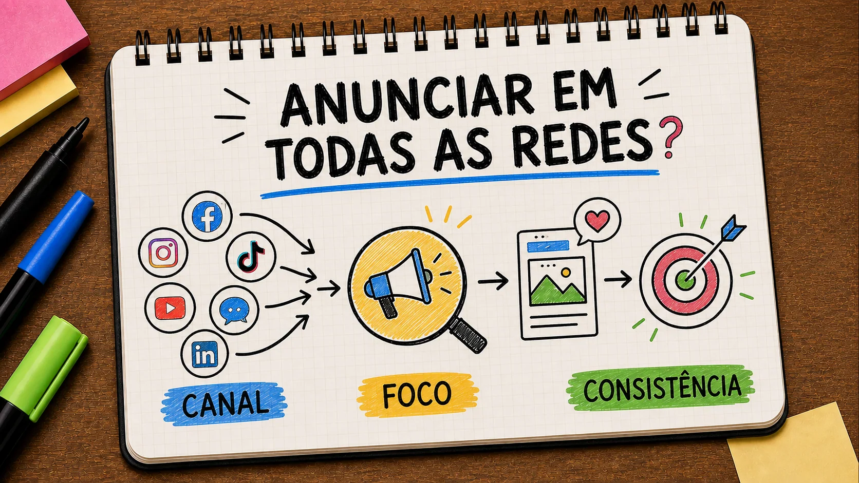 preciso anunciar em todas as redes sociais representado como caminho entre anúncio, contato e