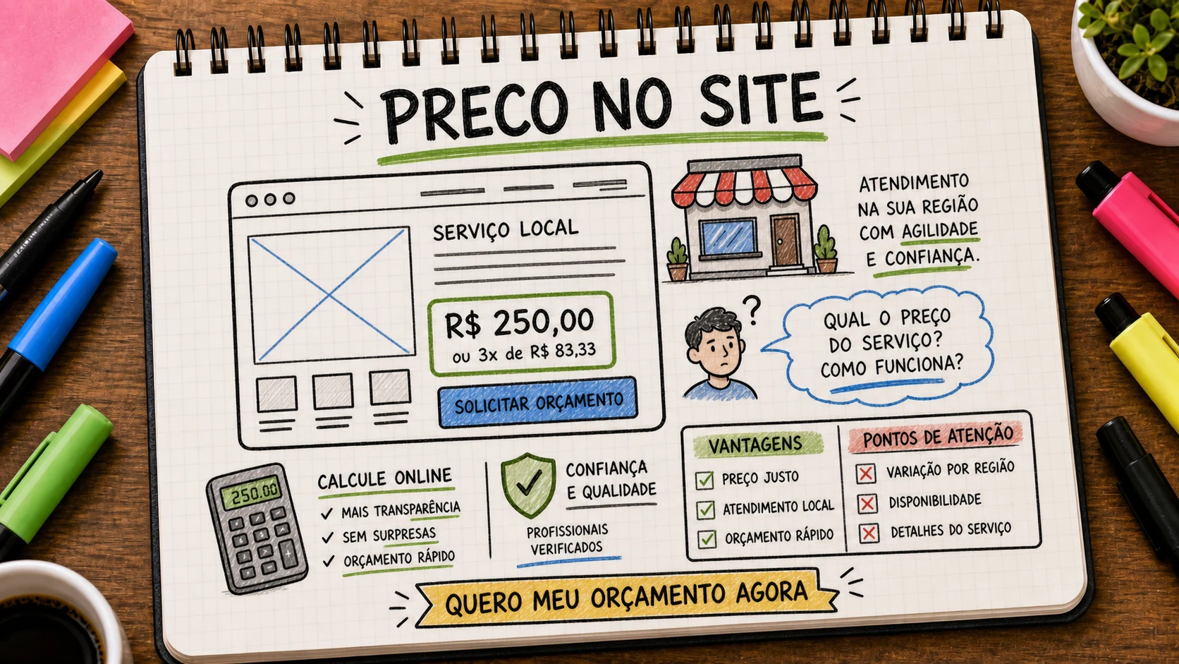 Preço no site apresentado com faixas, orçamento e critérios de qualificação