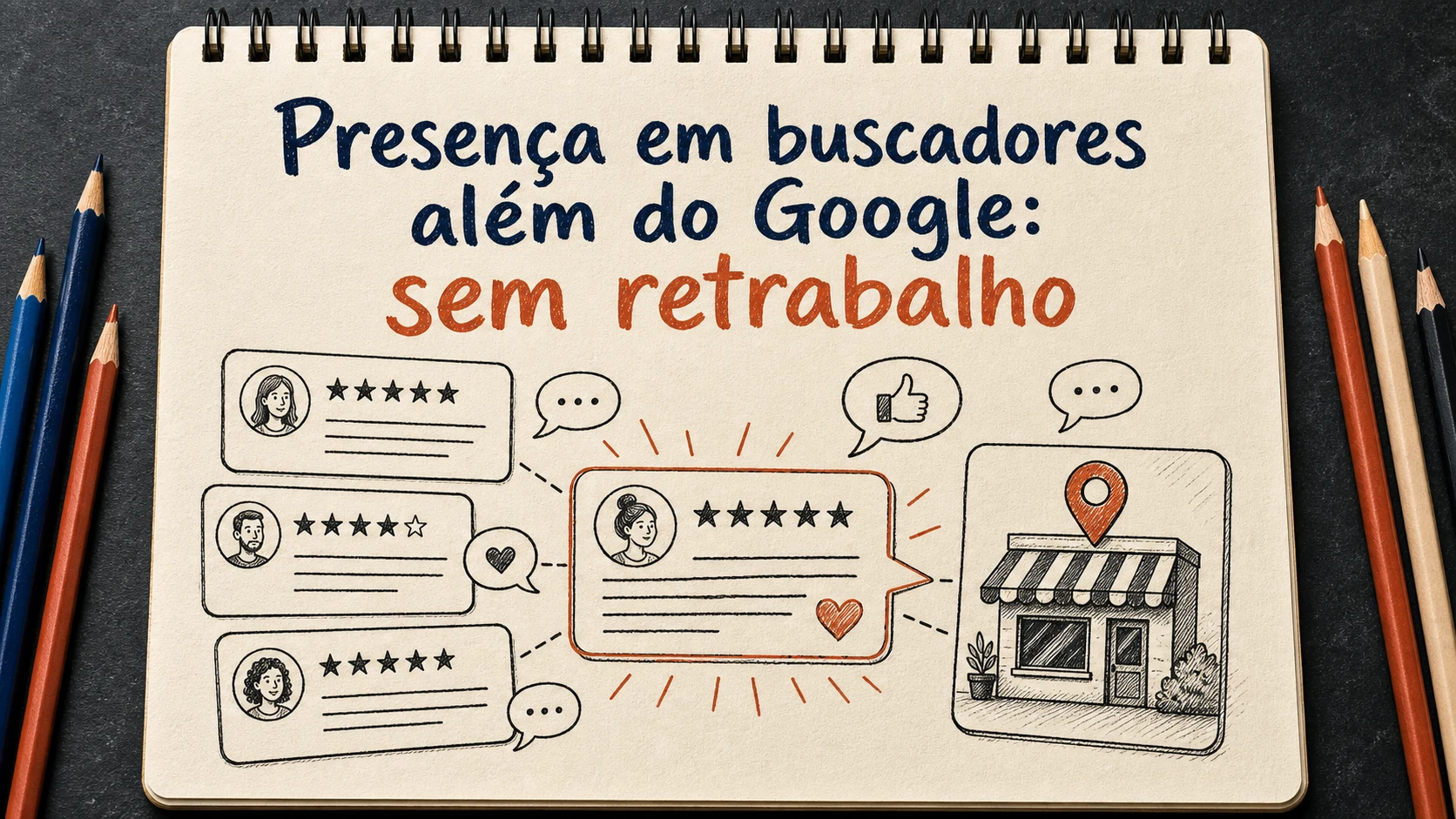 Presença em buscadores além do Google em uma cena editorial sobre diagnóstico, escolha e próximos passos.