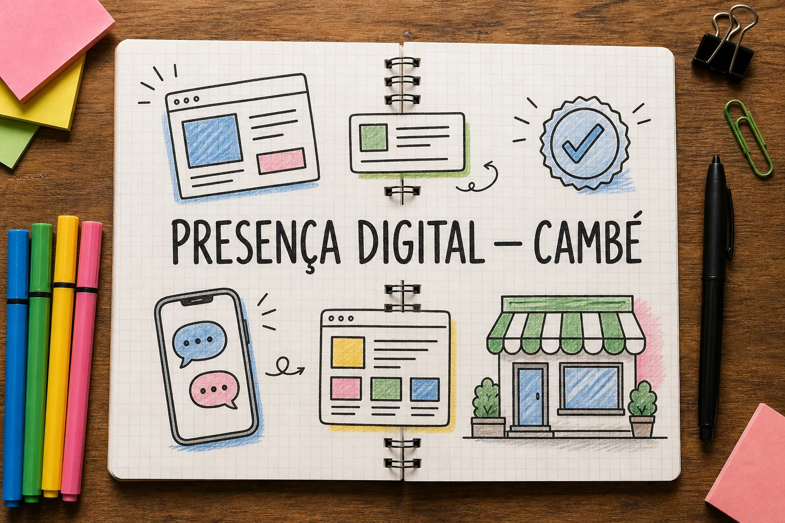 presença digital para pequenas empresas em Cambé representado por planejamento, canais e decisões comerciais