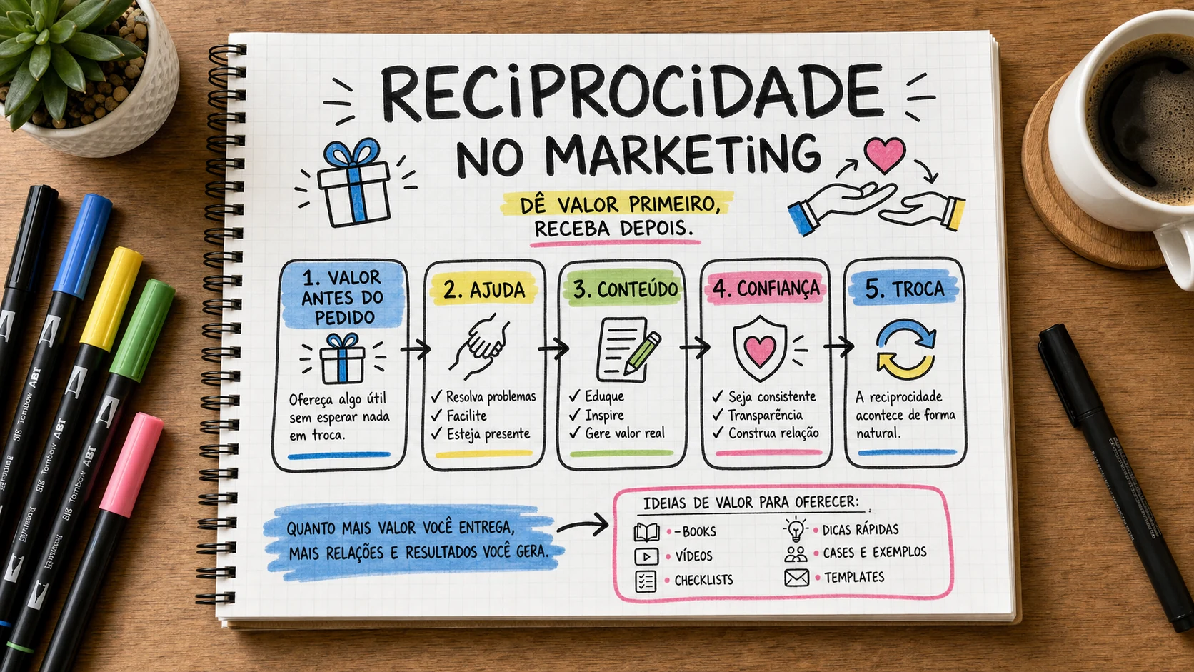 Princípio da reciprocidade marketing em uma cena editorial sobre decisão, mensagem e comportamento de compra.