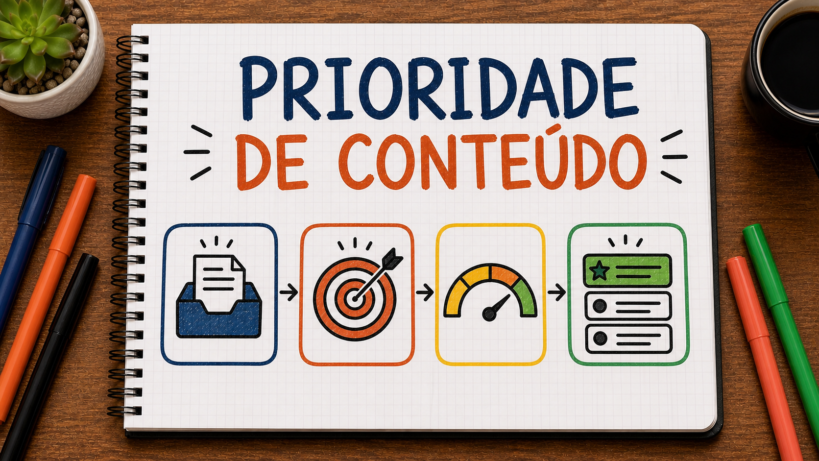 Caderno ilustrado sobre priorizar demandas de conteúdo, mostrando impacto, esforço, risco, fila
