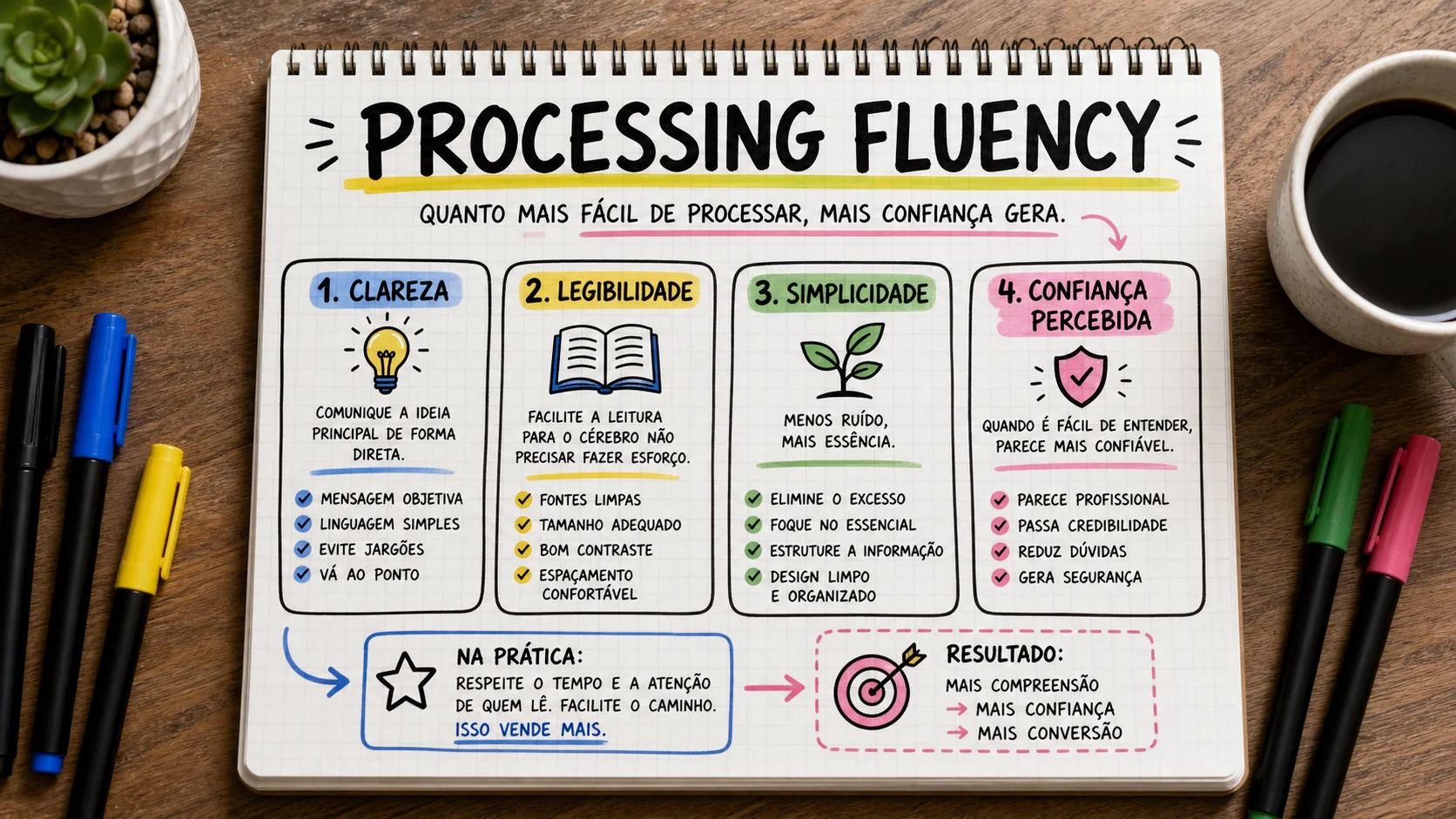 Processing fluency marketing em uma cena editorial sobre decisão, mensagem e comportamento de compra.