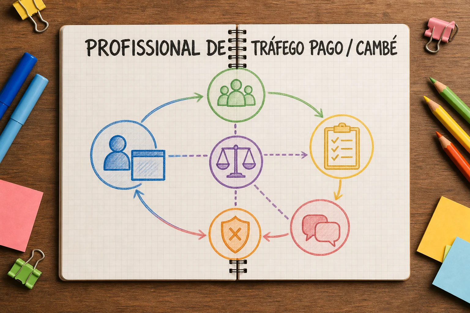 profissional de tráfego pago em Cambé representado por responsabilidades, decisões e indicadores de mídia