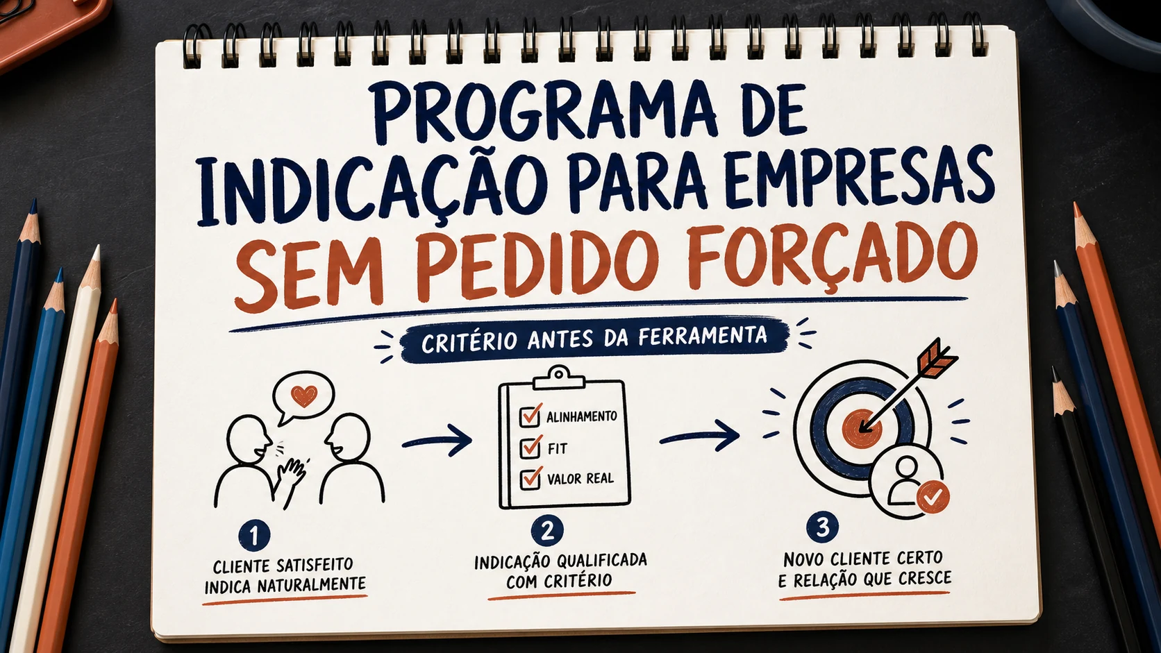 Programa de indicação para empresas organizado em uma capa editorial com critérios, canais e próximos passos.
