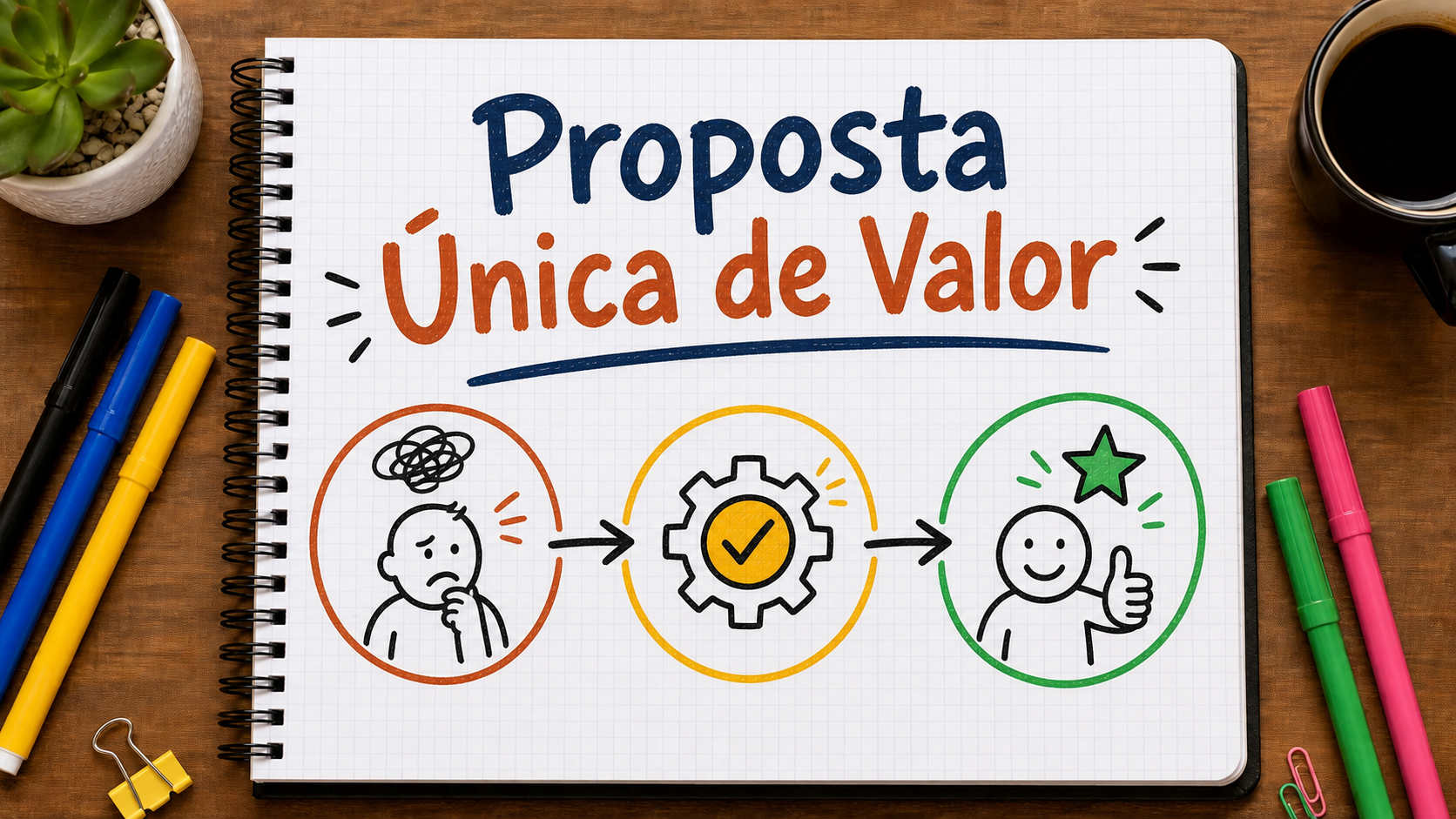 Caderno com mapa visual sobre proposta única de valor aplicado à estratégia de marketing