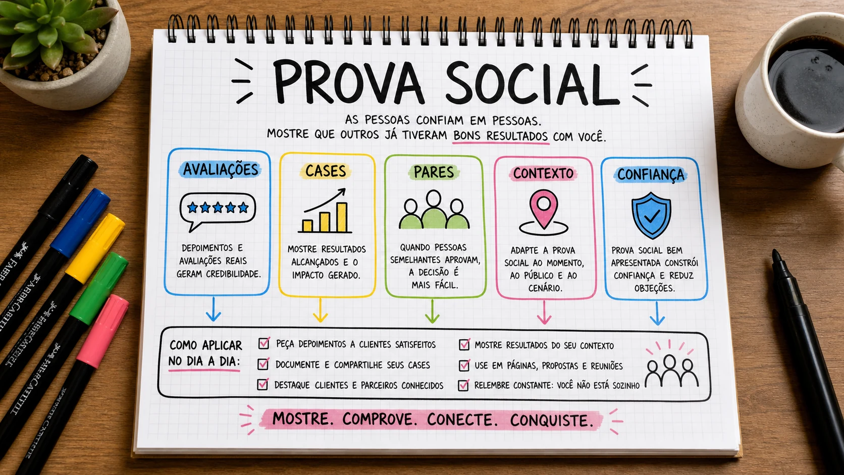 Prova social marketing em uma cena editorial sobre decisão, mensagem e comportamento de compra.