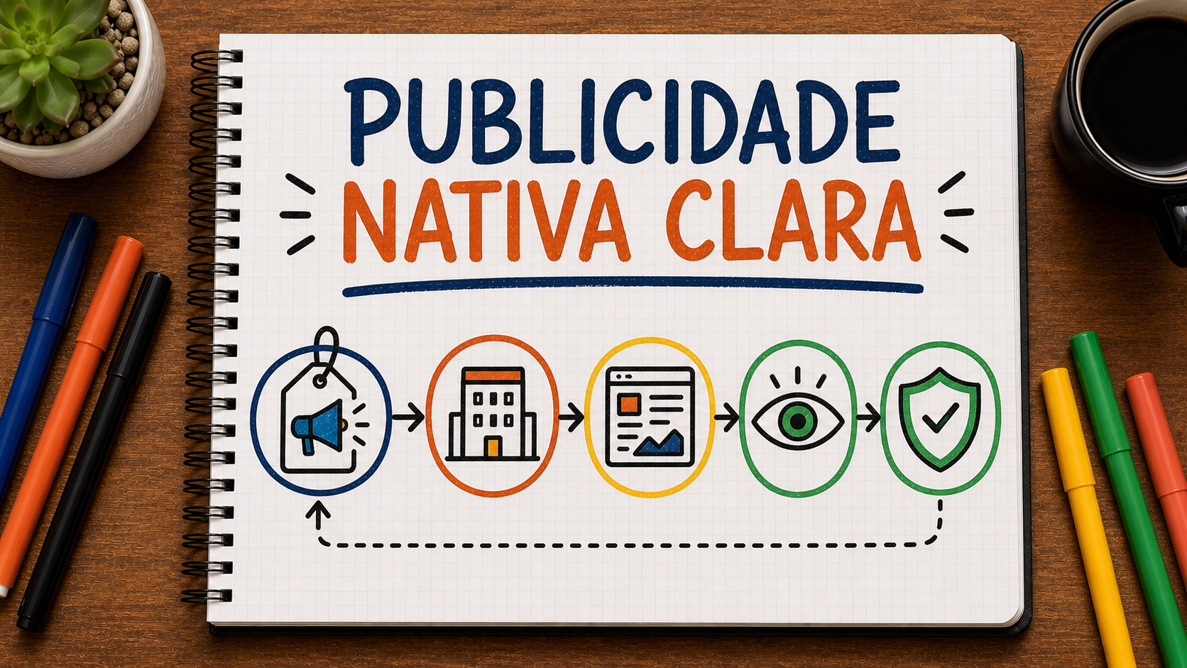 Caderno ilustrado sobre publicidade nativa com transparência, mostrando marca, veículo, rótulo, confiança