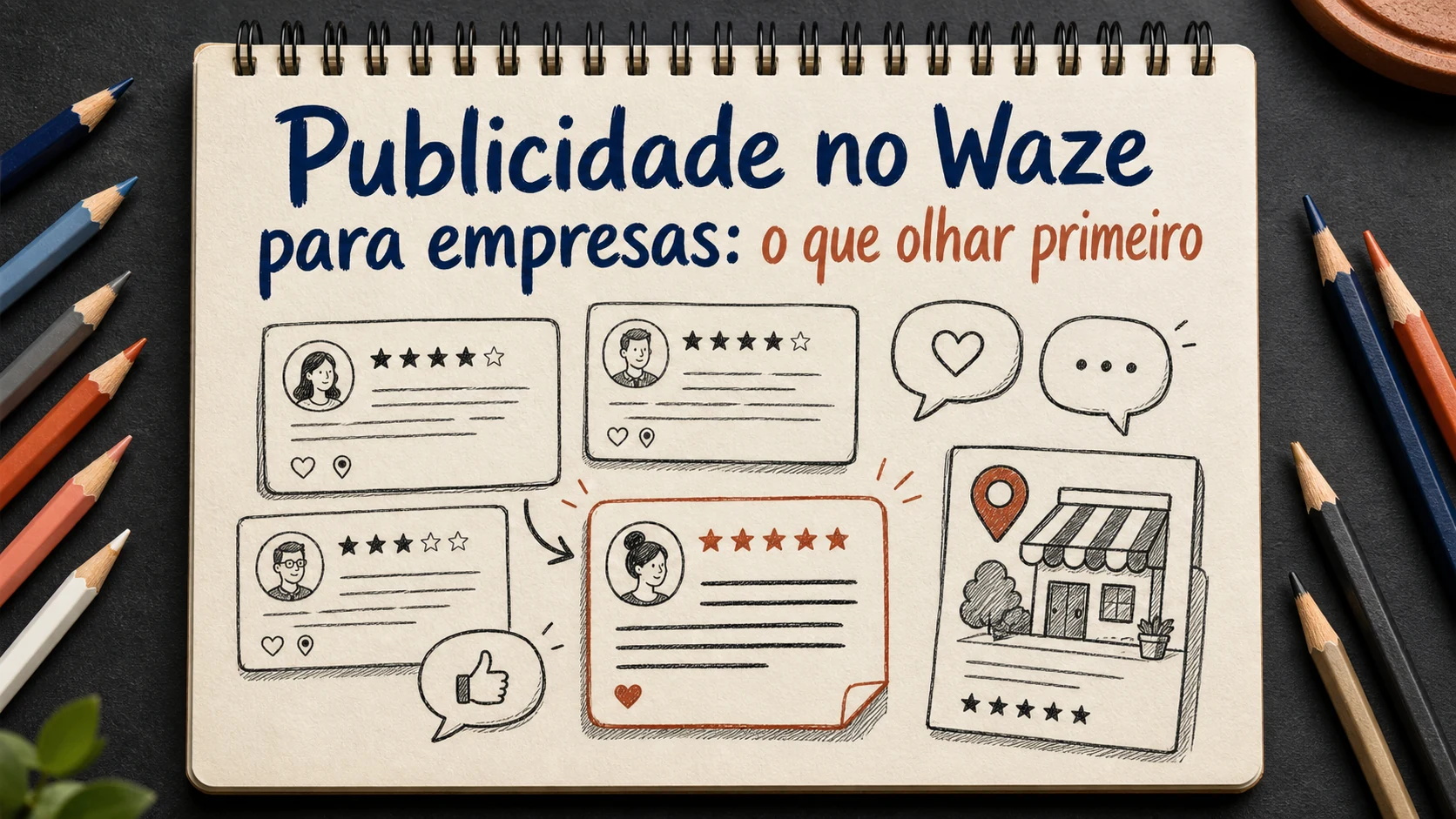 Publicidade no Waze para empresas em uma cena editorial sobre diagnóstico, escolha e próximos passos.