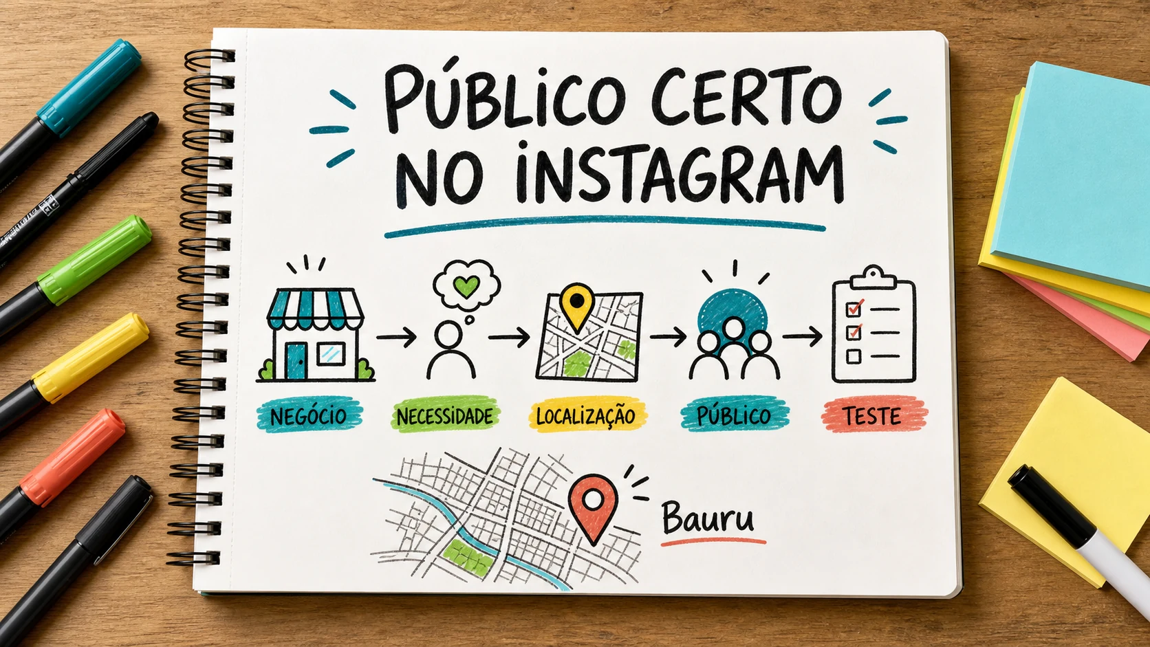 Caderno ilustrado sobre público para anúncios no Instagram, com etapas de campanha, atendimento e venda