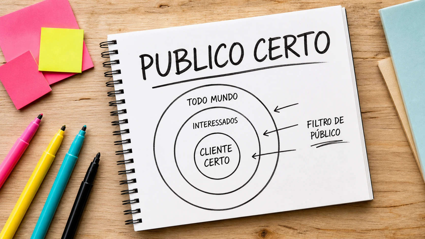 Caderno com circulos de segmentacao para encontrar publico certo nos anuncios