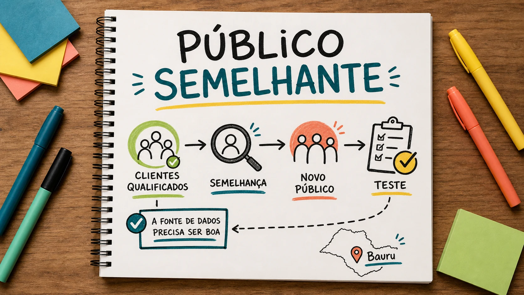 Caderno ilustrado sobre público semelhante no Instagram, com etapas de campanha, atendimento e venda