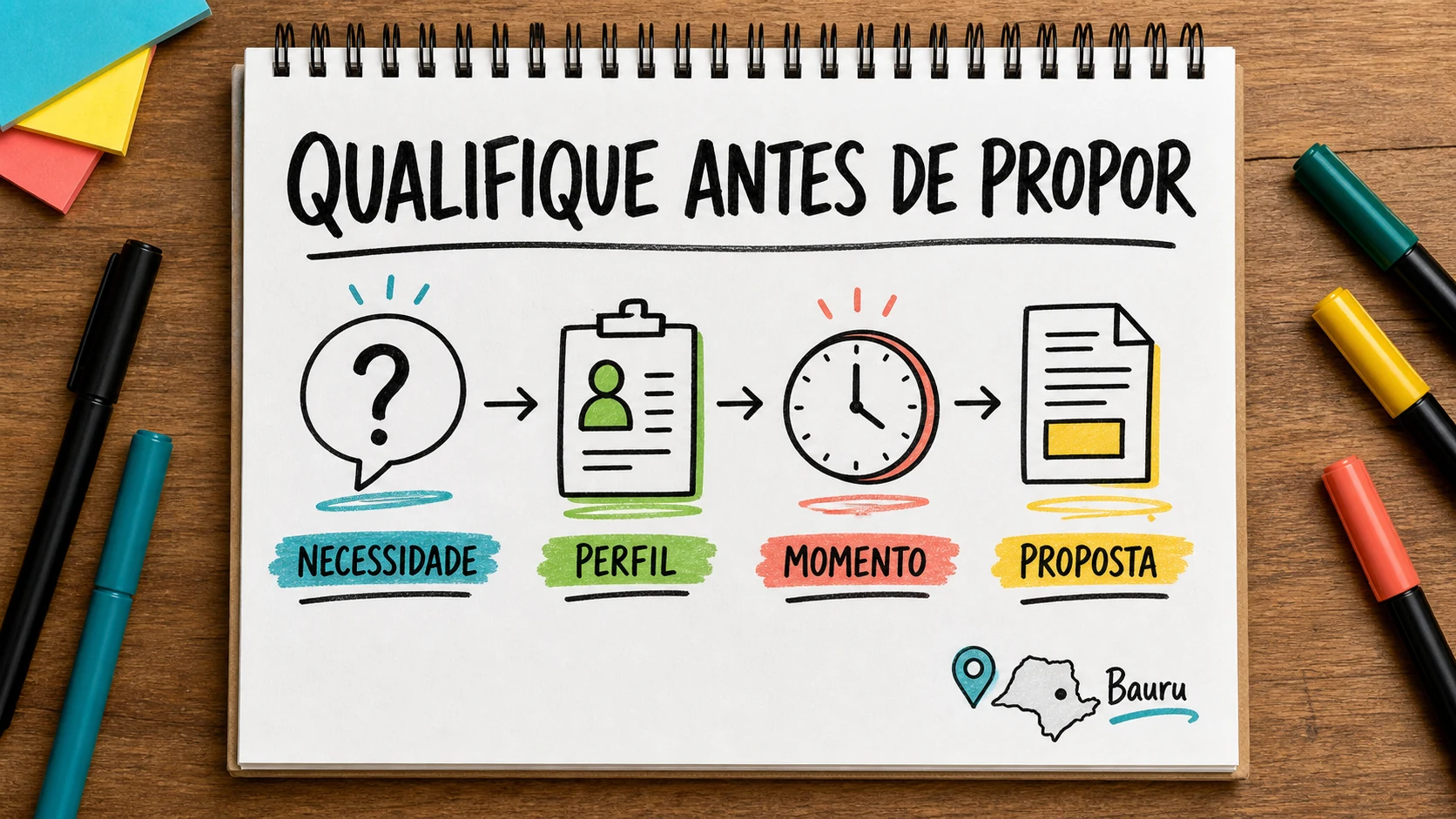 Caderno colorido com filtros leves para qualificar leads de corretora