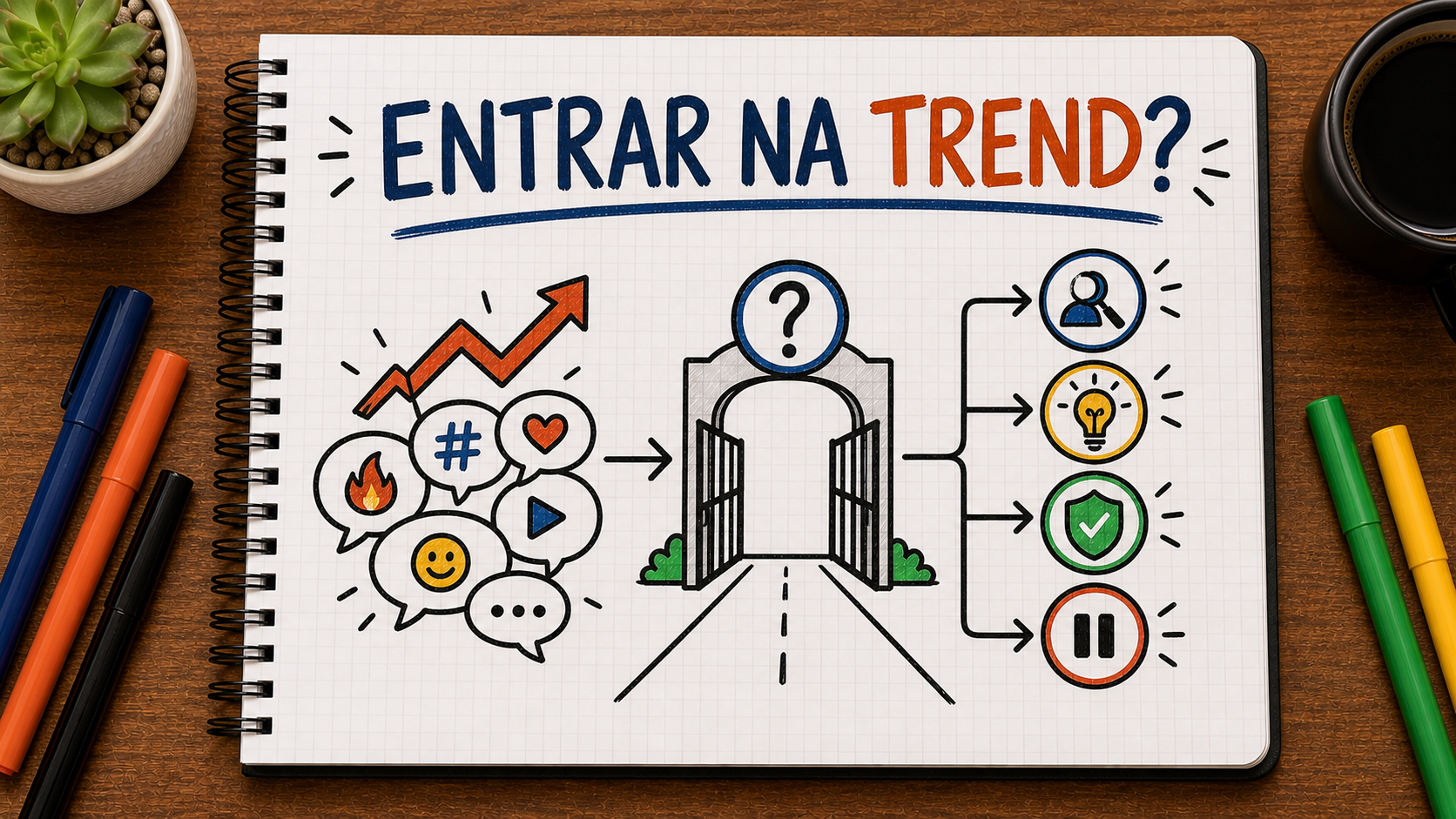 Caderno ilustrado sobre quando não entrar em trending topic, mostrando relação, valor, risco, silêncio