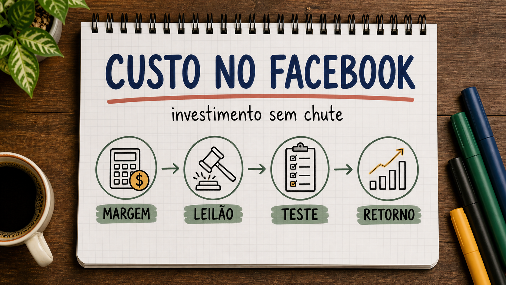 Caderno ilustrado sobre quanto custa anunciar no Facebook, com etapas de campanha, atendimento e venda
