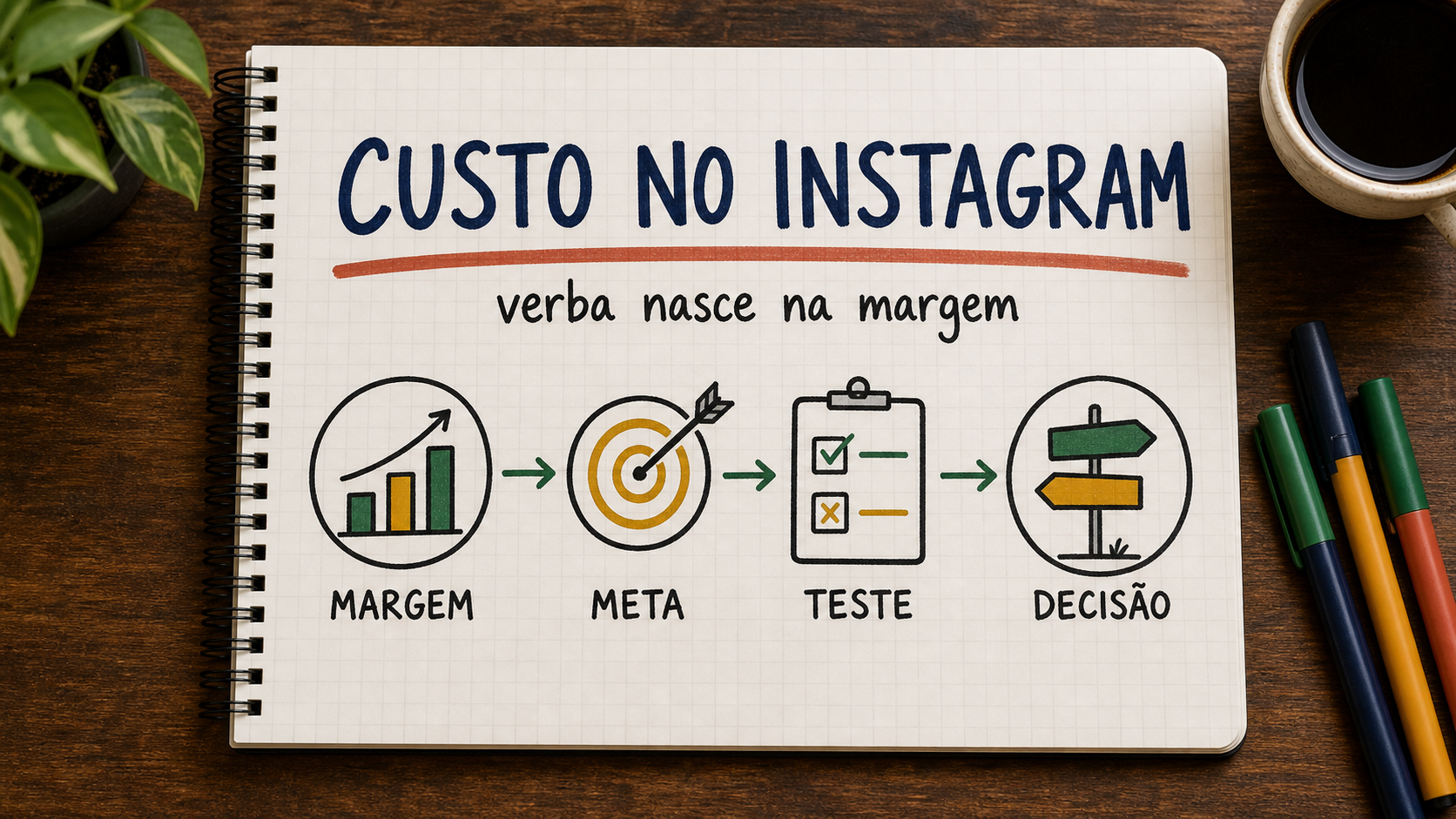 Caderno ilustrado sobre quanto custa anunciar no Instagram, com etapas de campanha, atendimento e venda