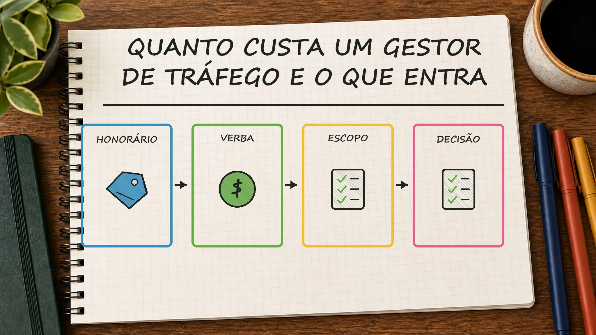 Caderno ilustrado sobre quanto custa um gestor de tráfego, mostrando honorário, verba, escopo, decisão
