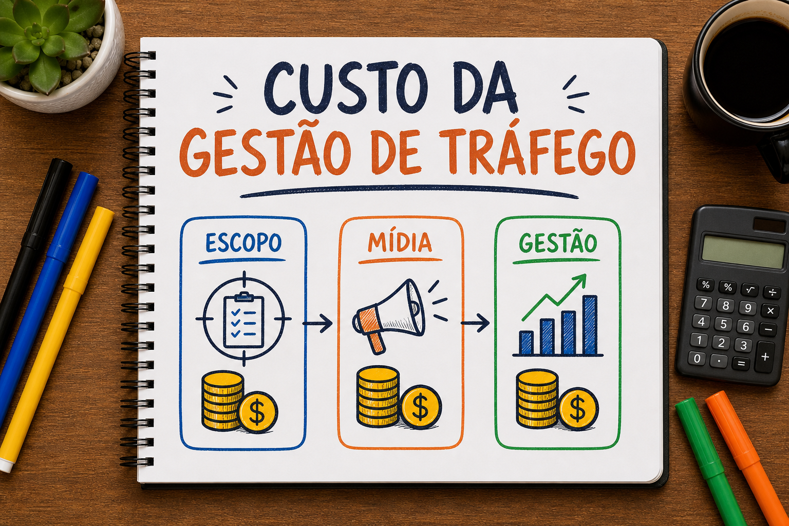 Planilha e caderno explicando escopo, mídia e preço da gestão de tráfego pago.