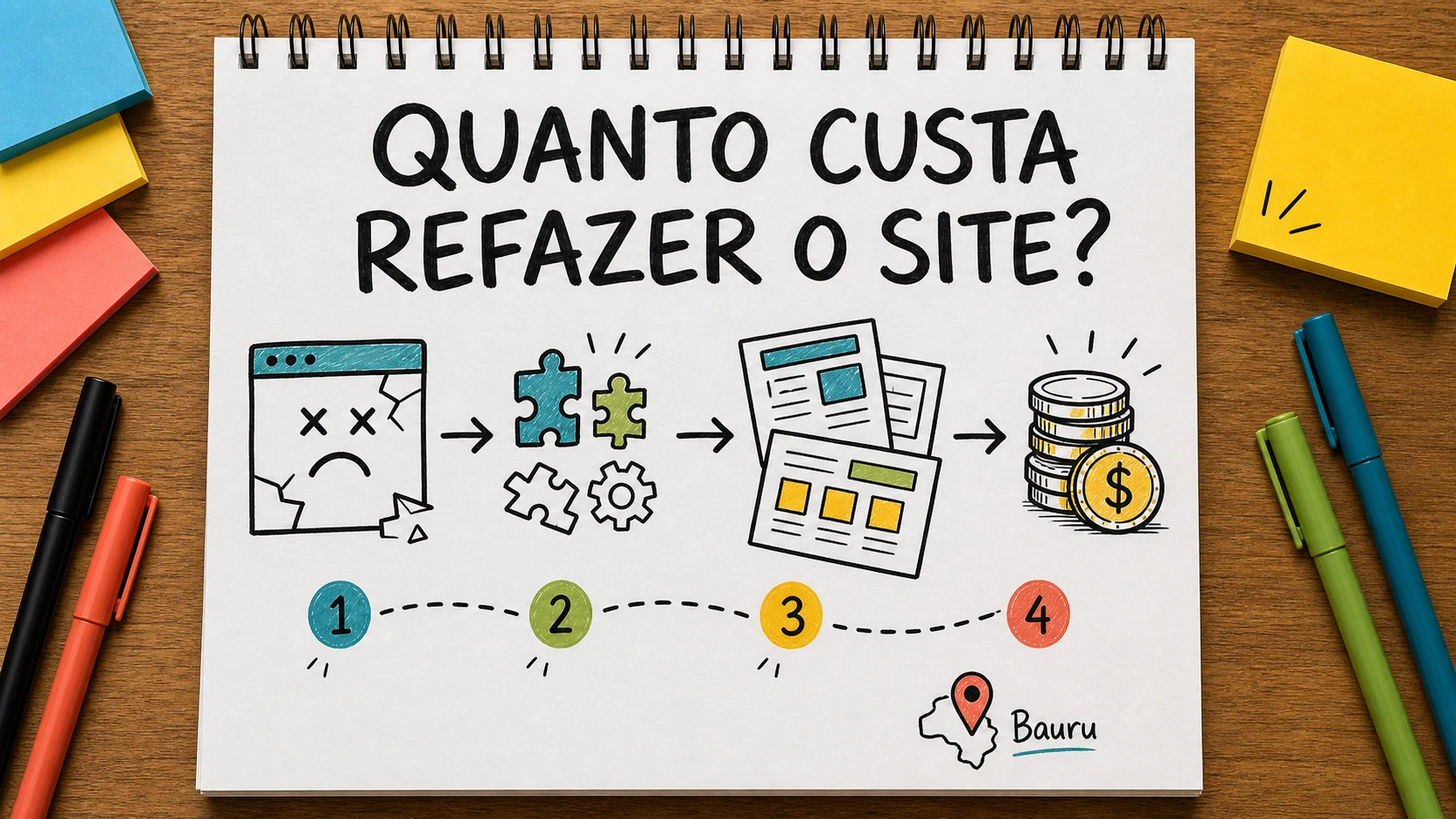 Caderno colorido calcula custo de refazer site a partir de páginas e integrações