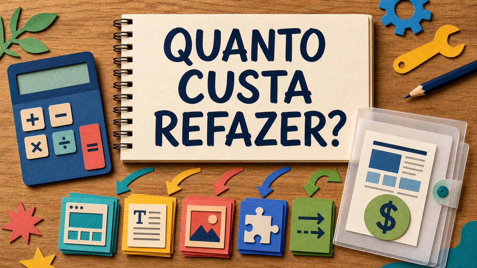 Caderno colorido calcula custo de refazer site a partir de páginas e integrações