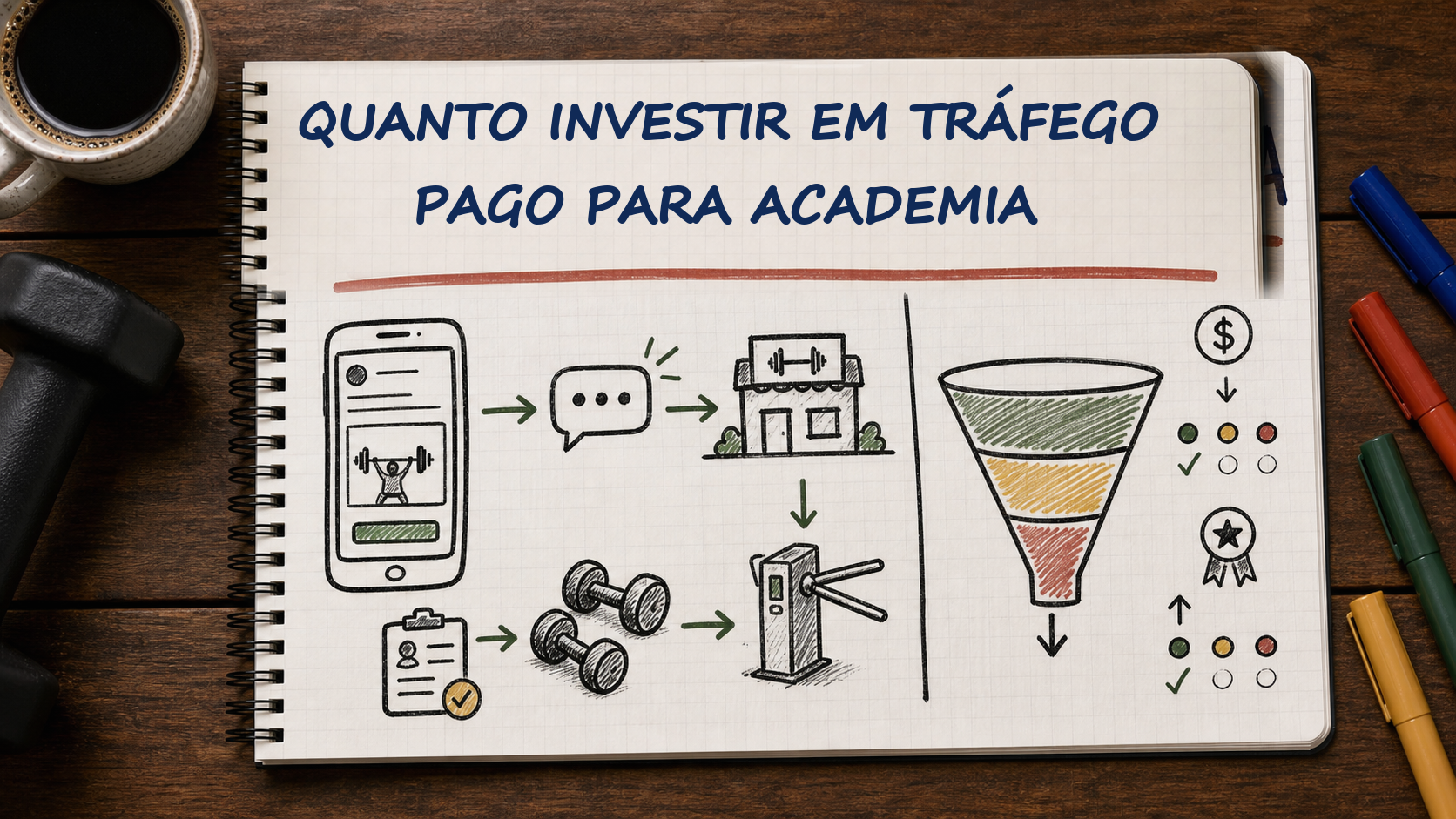 Caderno com guia visual sobre quanto investir em tráfego pago para academia para gestores de academias