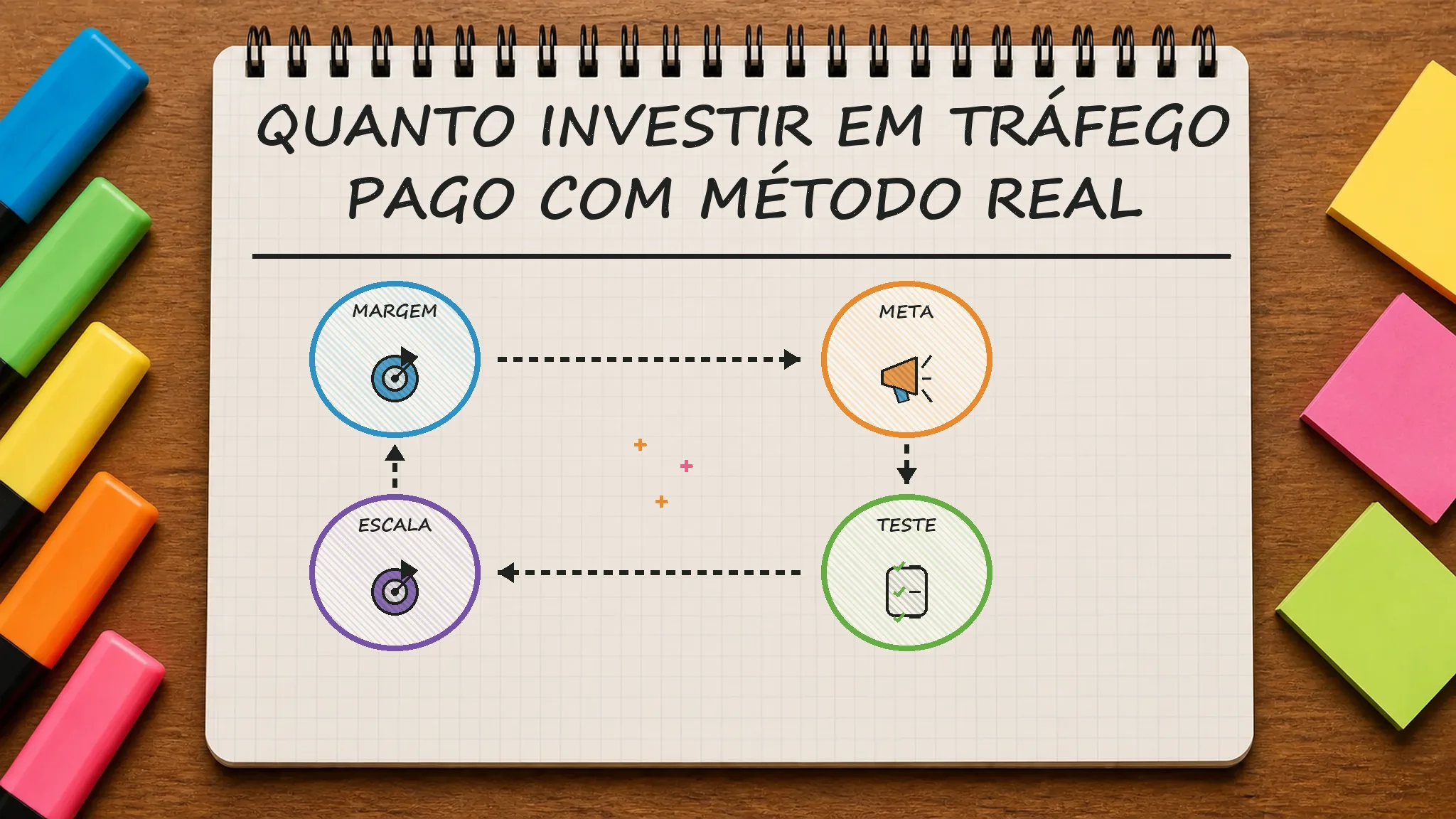 Caderno ilustrado sobre quanto investir em tráfego pago, mostrando margem, meta, teste, escala