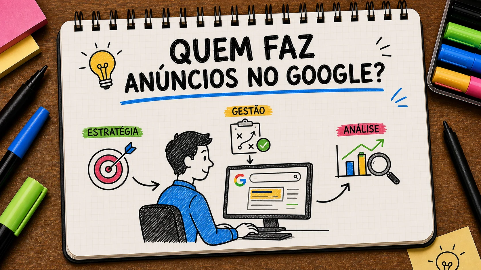 quem faz anúncios no Google representado como caminho entre anúncio, contato e