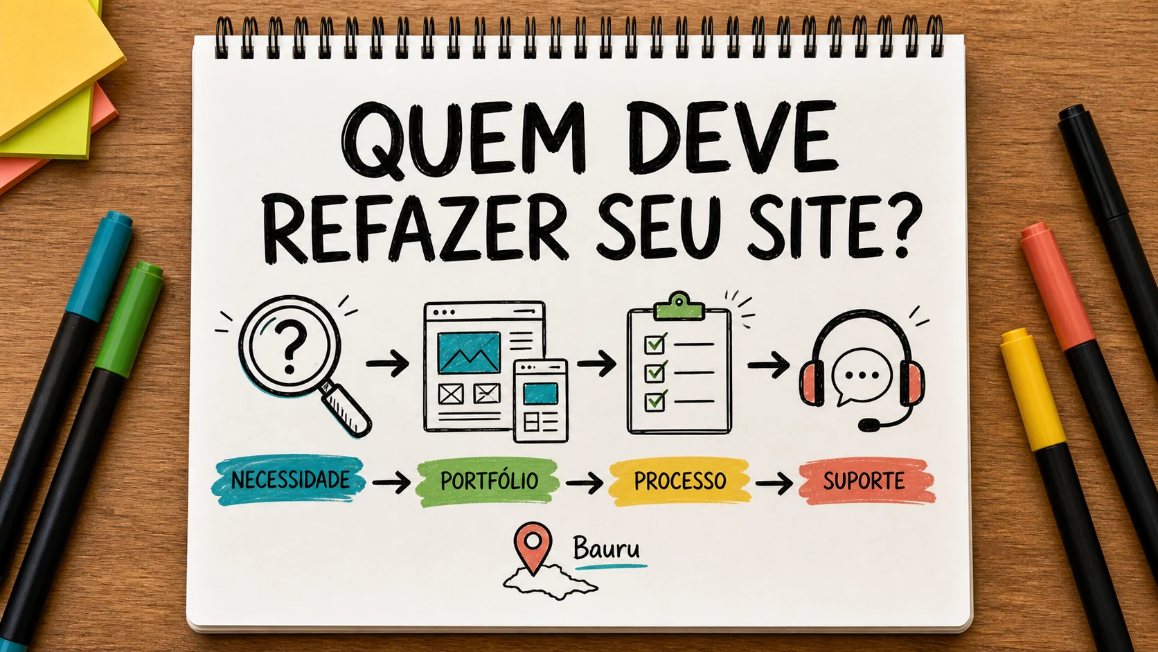 Caderno colorido compara propostas para refazer site por critérios claros