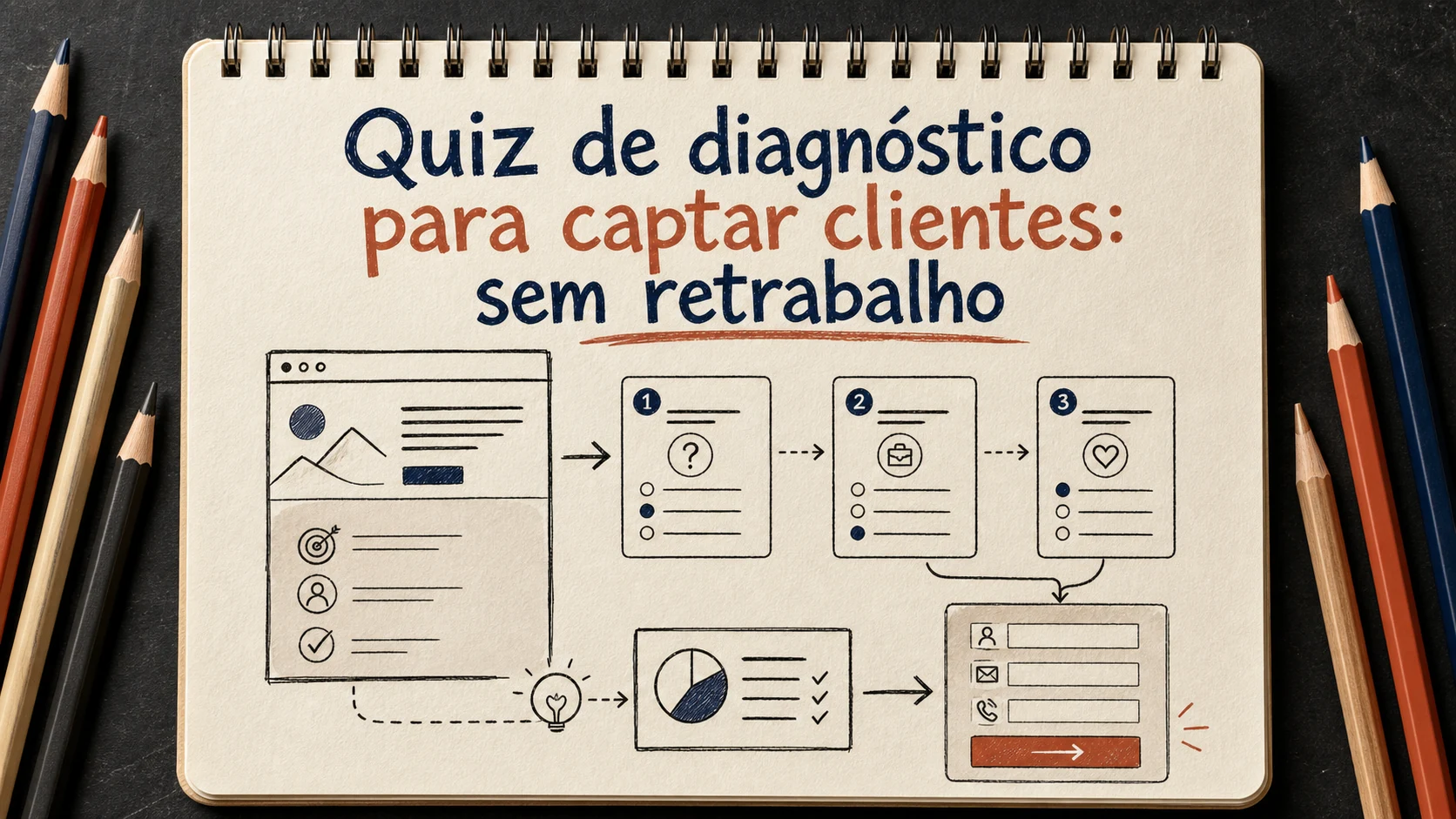 Quiz de diagnóstico para captar clientes em uma cena editorial sobre diagnóstico, escolha e próximos passos.
