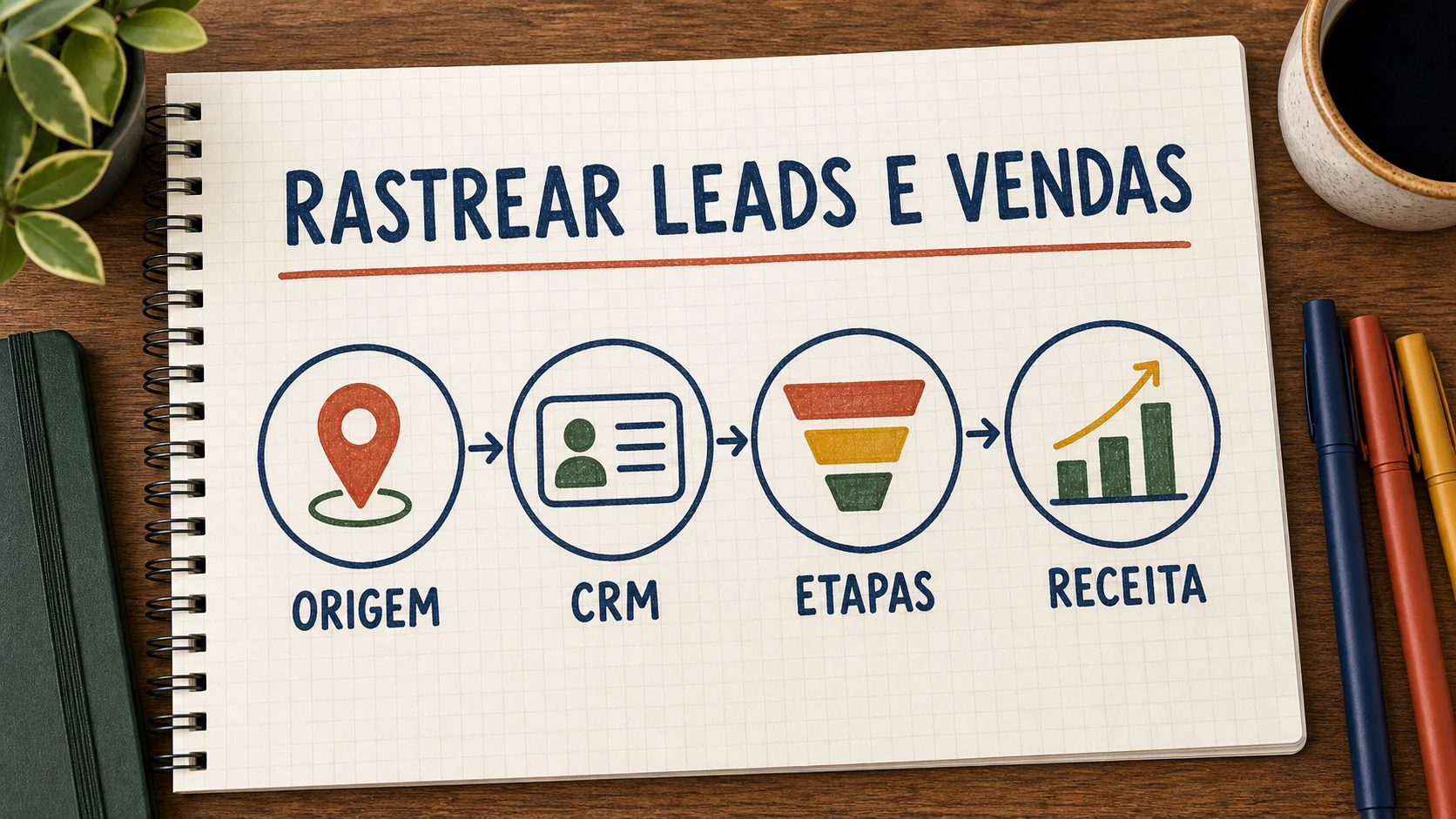 Caderno ilustrado com IDs, CRM, etapas, deduplicação e venda no rastreamento de anúncios do LinkedIn.