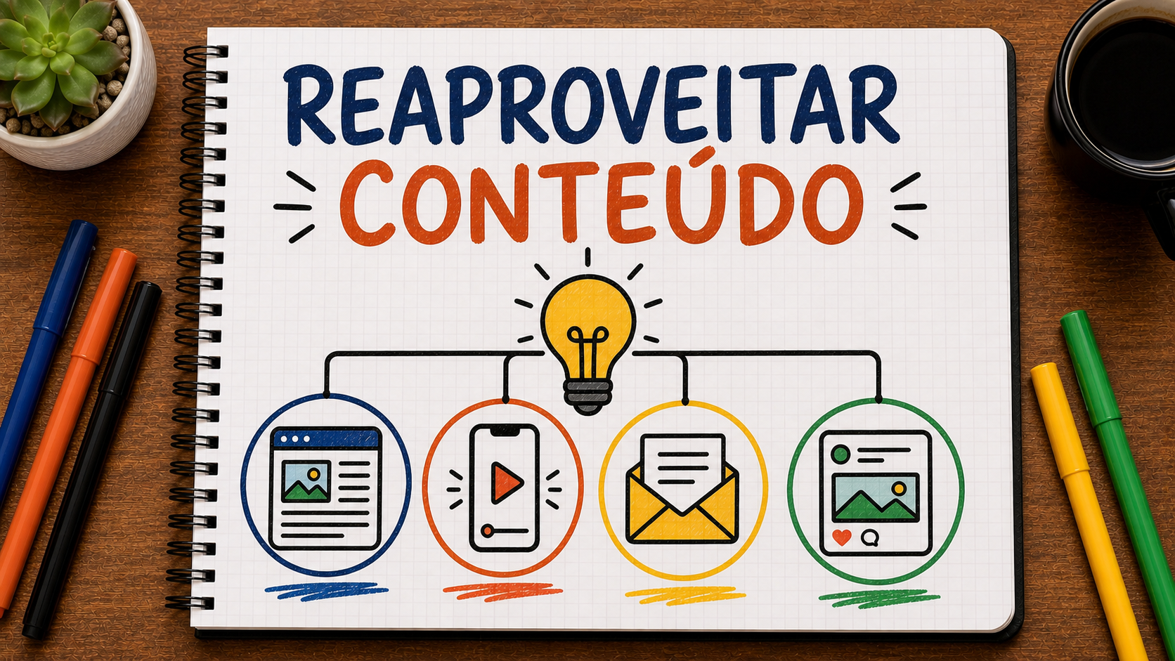 Caderno ilustrado sobre reaproveitar conteúdo, mostrando tese, recorte, formato, contexto