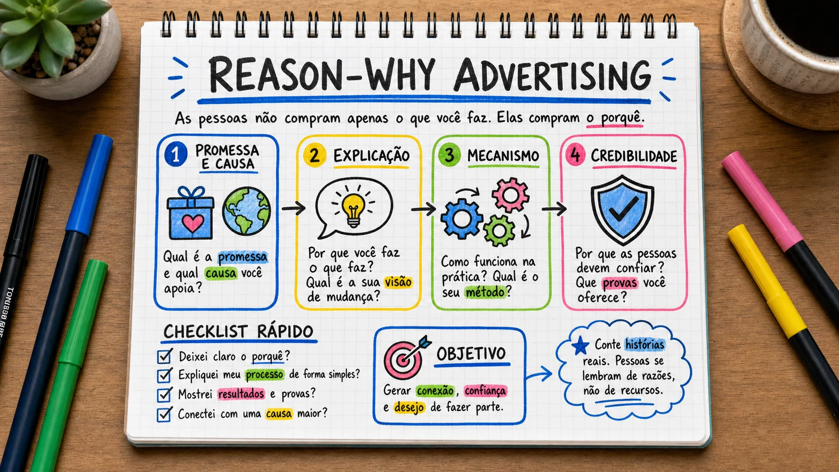 Reason why advertising em uma cena editorial sobre decisão, mensagem e comportamento de compra.