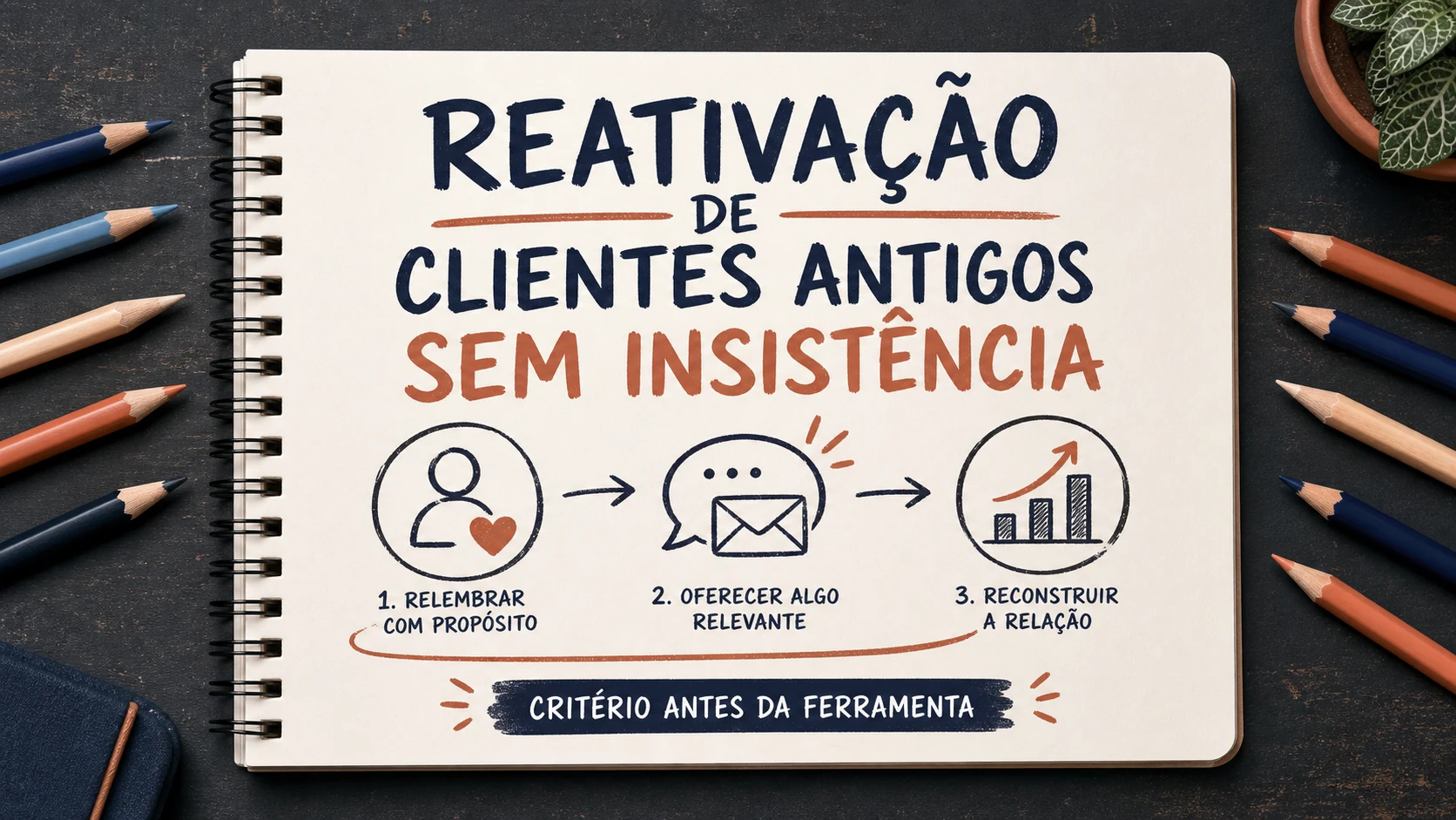 Reativação de clientes antigos organizado em uma capa editorial com critérios, canais e próximos passos.