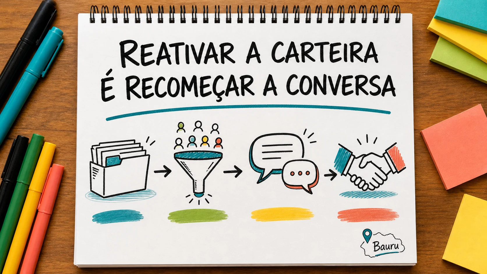 Caderno colorido com contatos retomados de forma respeitosa em uma corretora