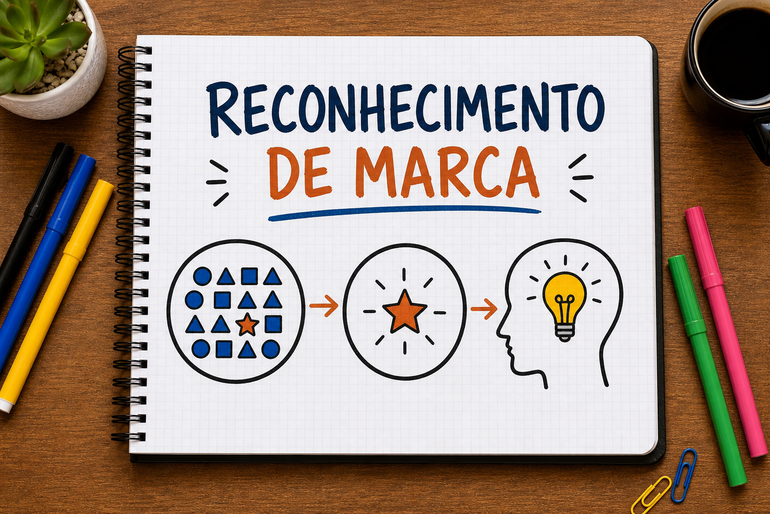 Caderno com mapa visual sobre reconhecimento de marca aplicado à estratégia de marketing