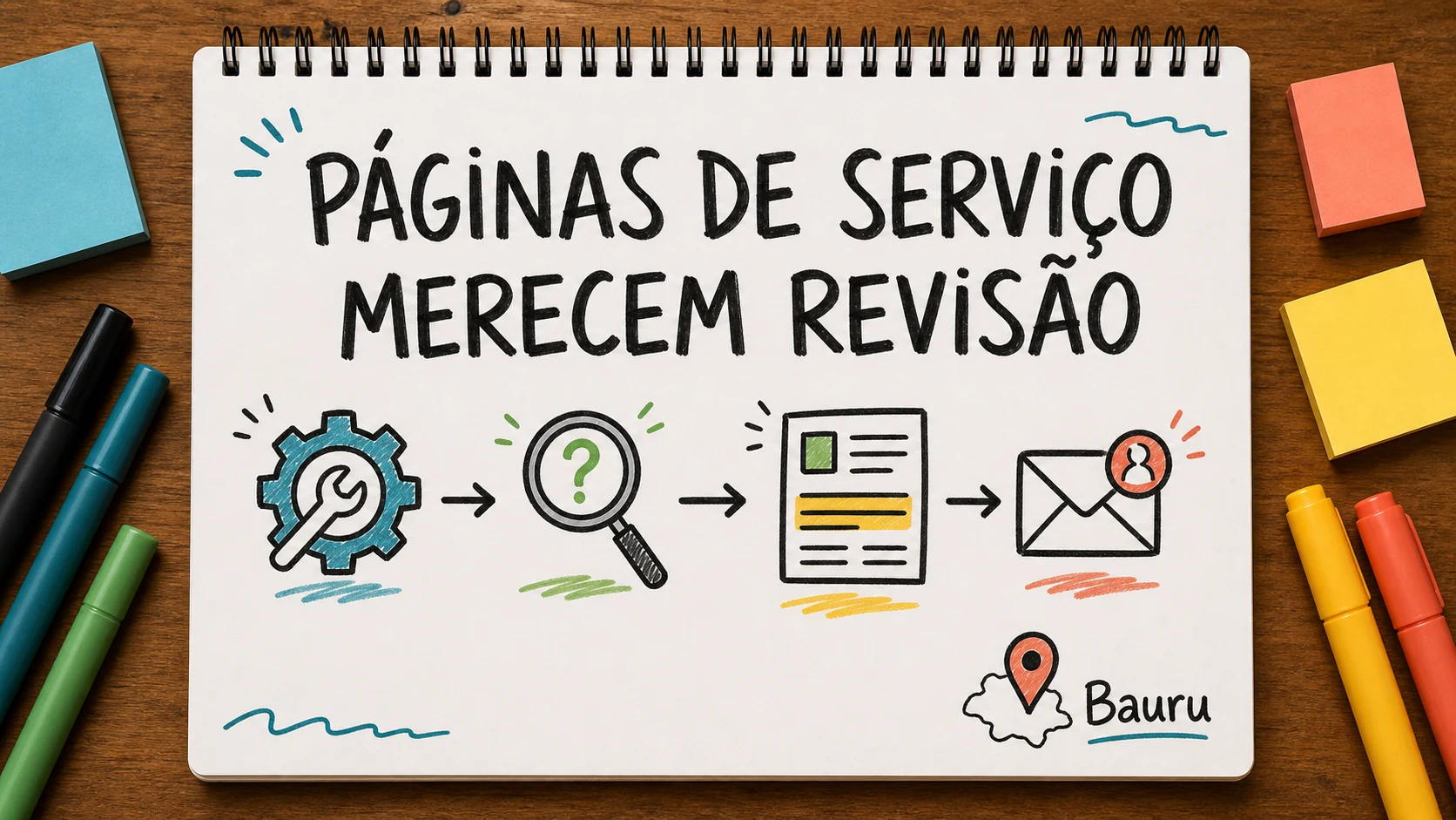 Caderno colorido organiza serviços diferentes em páginas com conteúdo próprio